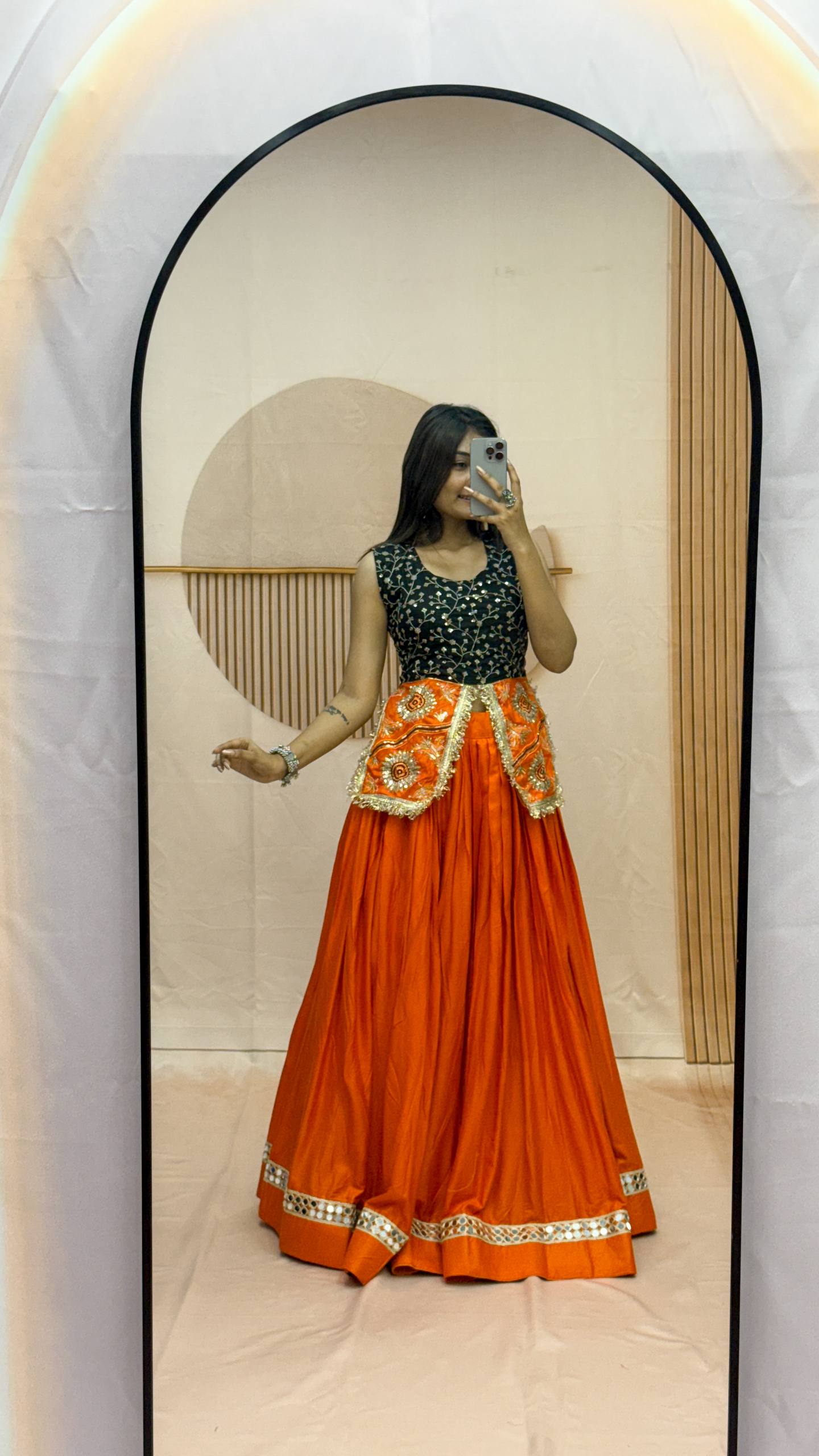 Bright Orange Pure Cotton Fancy Real Mirror Lace Work Flared Lehenga With Embroidered Koti Jacket Blouse