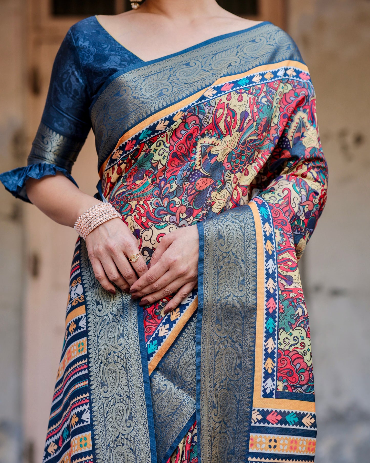 PURE SILK DIGITALLY PRINTED SAREE WEAVED WITH GOLDEN ZARI COMES WITH TASSELS