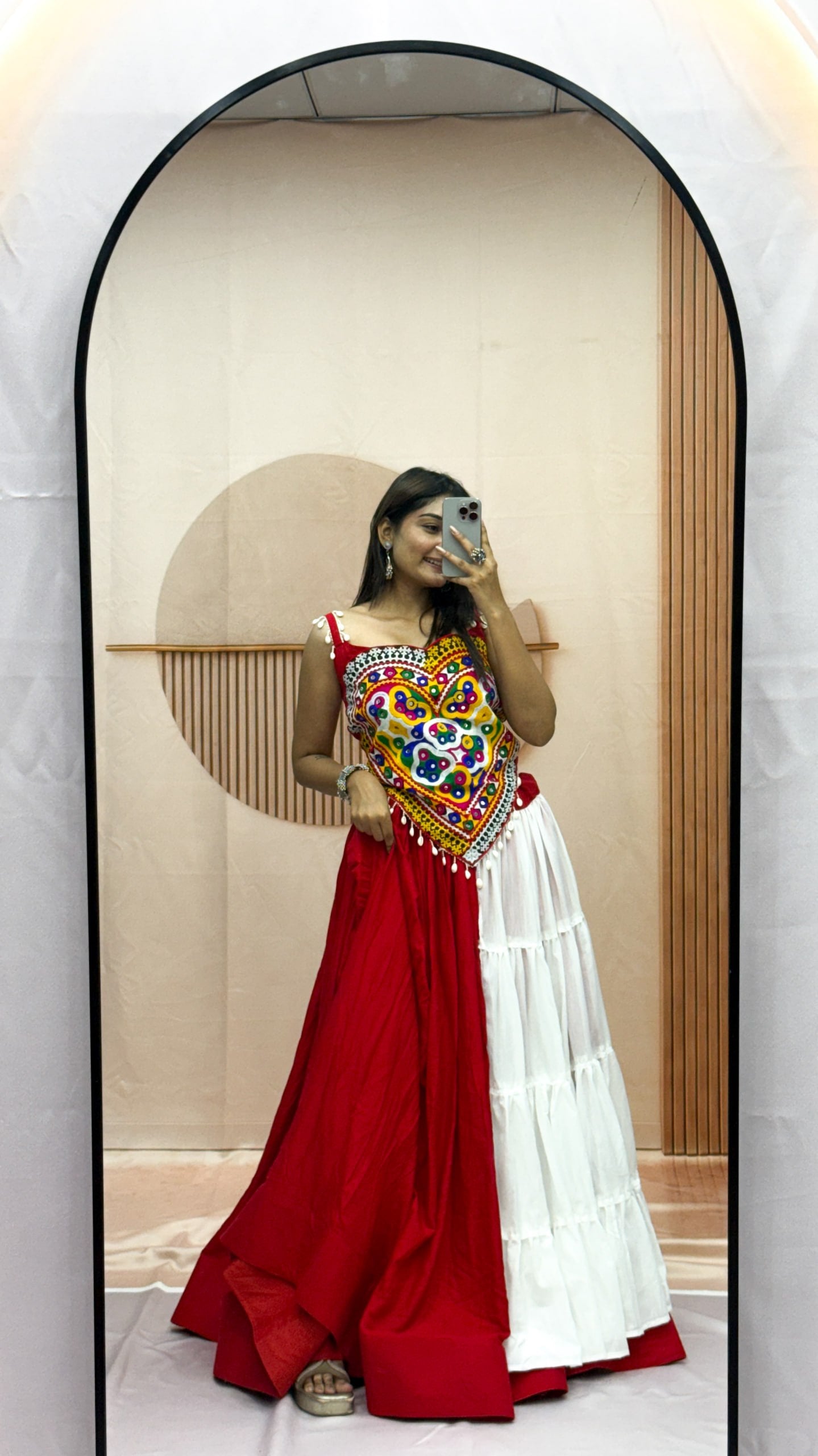 Red & White Dual-Tone Pure Cotton Heavy Gamthi Work With Real Mirror & Kodi Work Navratri Lehenga Choli Set