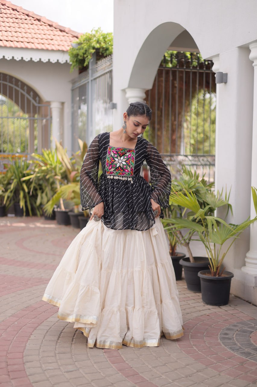 Off-White Kora Cotton Tiered Lehenga Choli Set with Black Leheriya Peplum Top & 2 Tone Lampi Lace