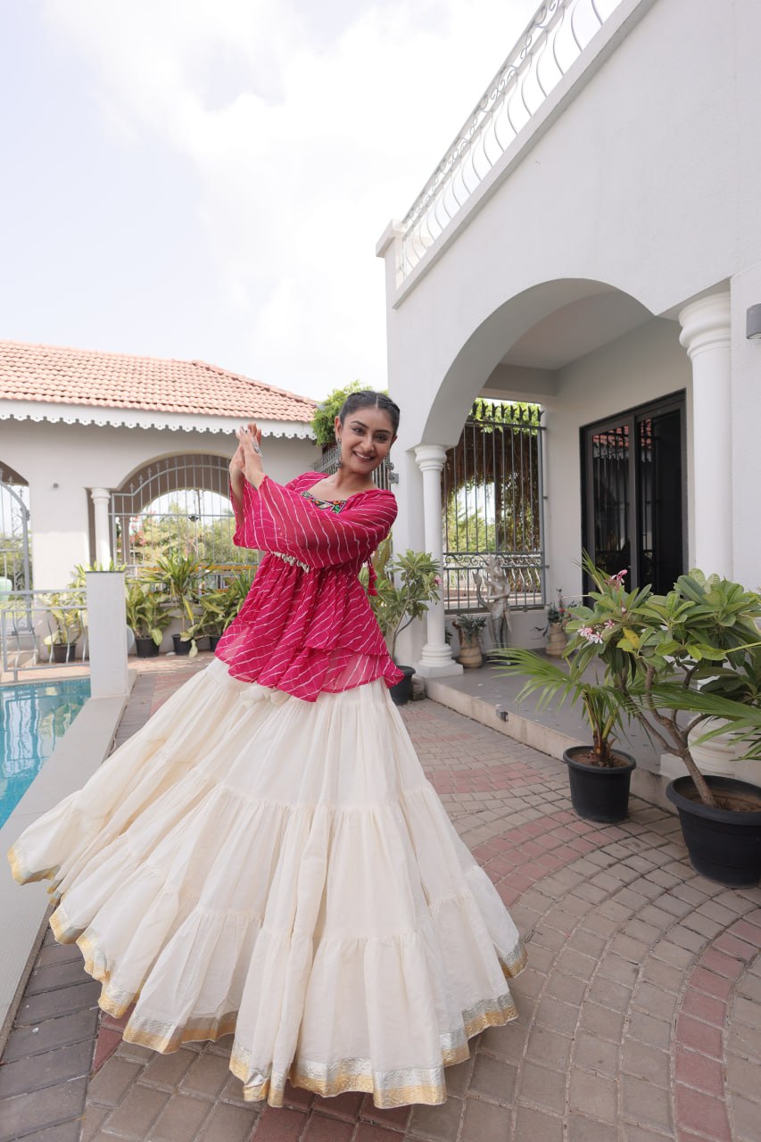 Off-White Kora Cotton Tiered Lehenga Choli Set with Blue Leheriya Peplum Top & 2 Ton Lampi Lace (Copy)