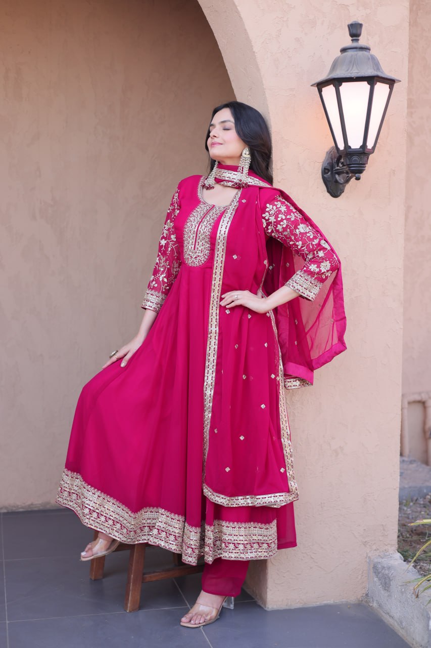 Rani Pink Faux Blooming Embroidered Zari Sequins Work Flared Gown with Pant & Dupatta Set
