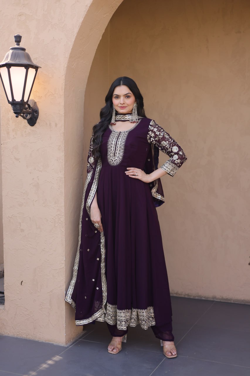 Deep Wine Faux Blooming Embroidered Zari Sequins Work Flared Gown with Pant & Dupatta Set