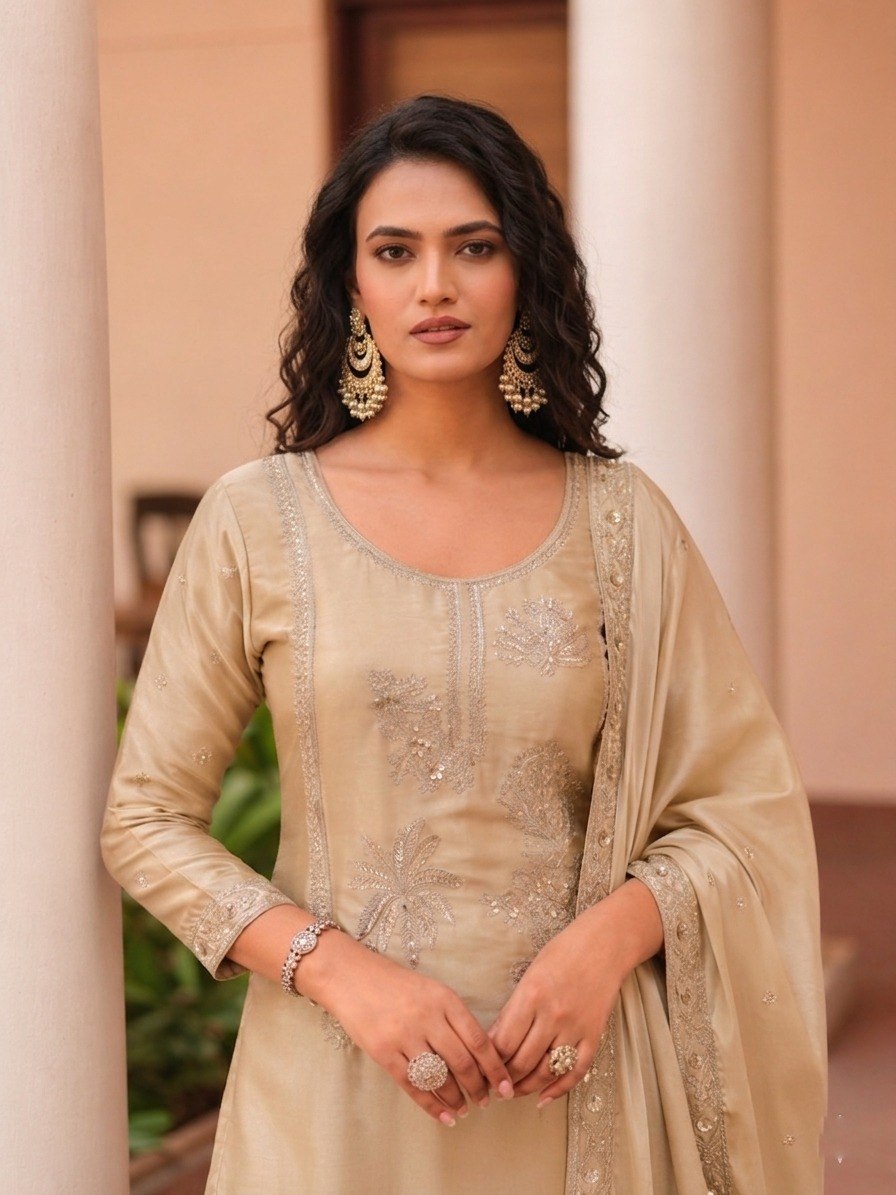 Champagne Gold Moss Satin Sharara Suit Set with Intricate Dori, Zari & Sequins Embroidery Short Kurti