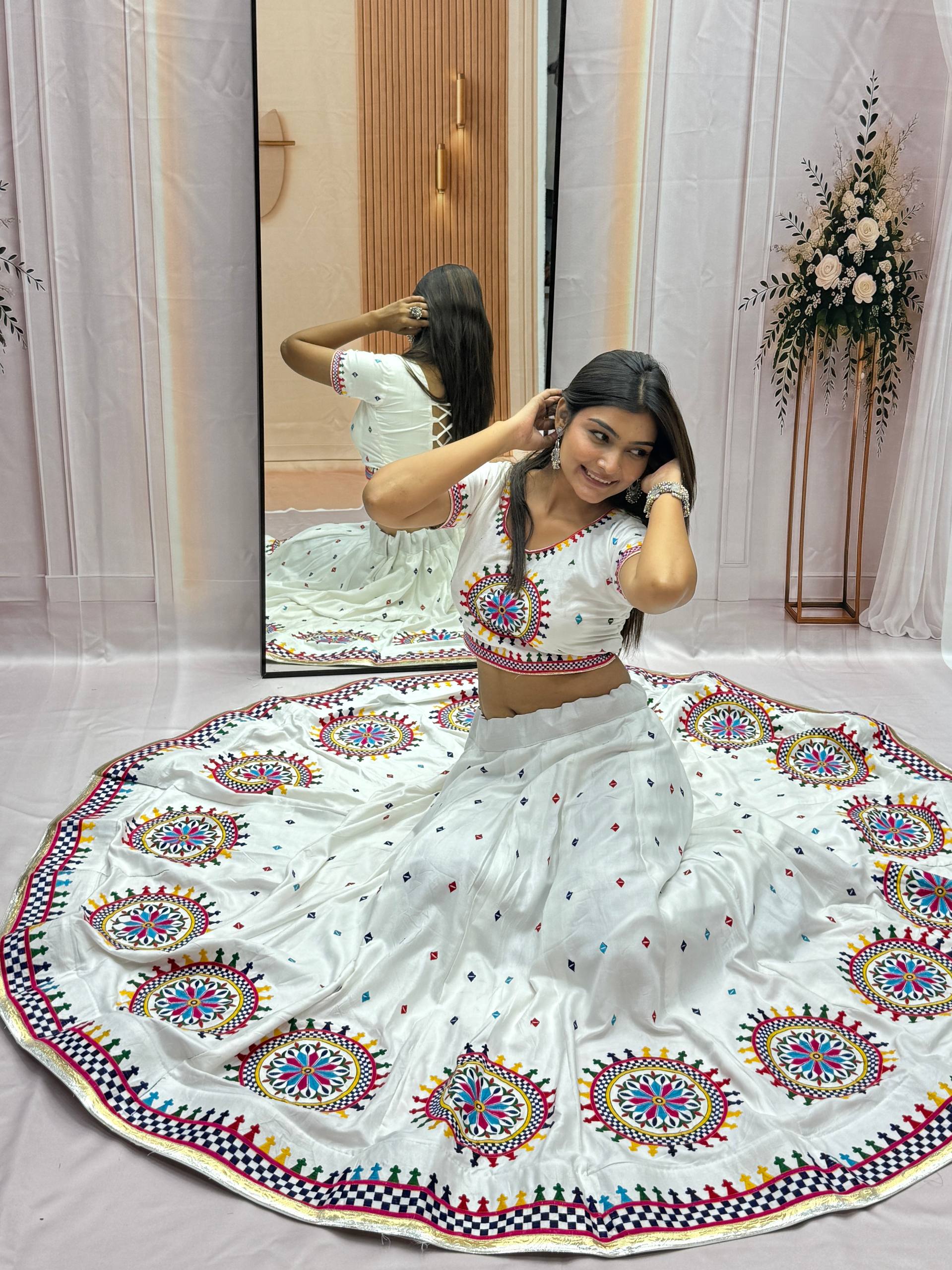 Off-White Pure Cotton Heavy Gamthi Work & Lampi Lace Navratri Lehenga Choli Set