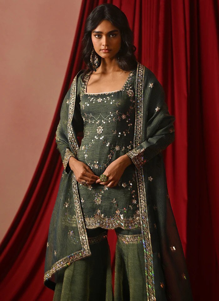 Olive Forest Green Raw Silk Sharara Suit Set with Zari, Sequins & Thread Floral Vine Embroidery Kurti, Flared Sharara Pants & Matching Draped Dupatta