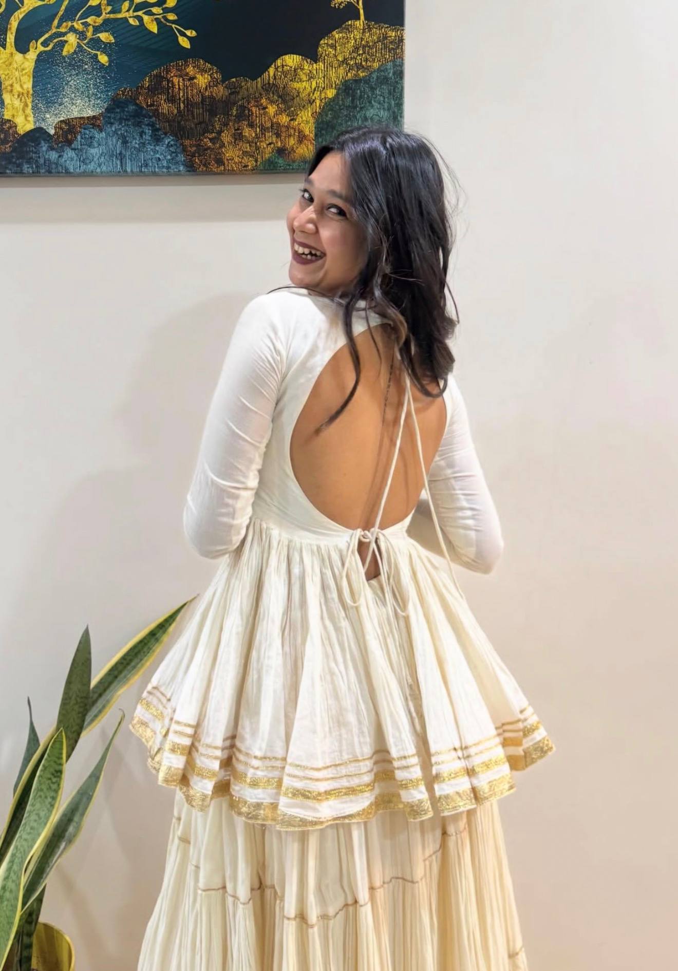 Off-White Pure Cotton Navratri Special Kediyu Style Peplum Top & Tiered Lehenga Set | Ready to Wear