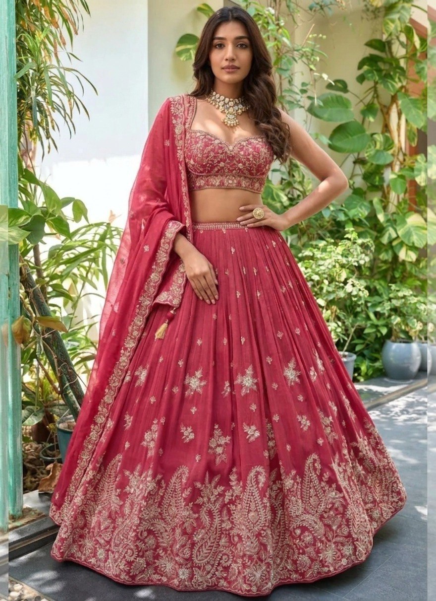 Raspberry Red Soft & Flowing Chinon Flared Lehenga Choli Set with Traditional Paisley Dori, Zari & Sequins Embroidery, Sweetheart Blouse & Tasseled Dupatta