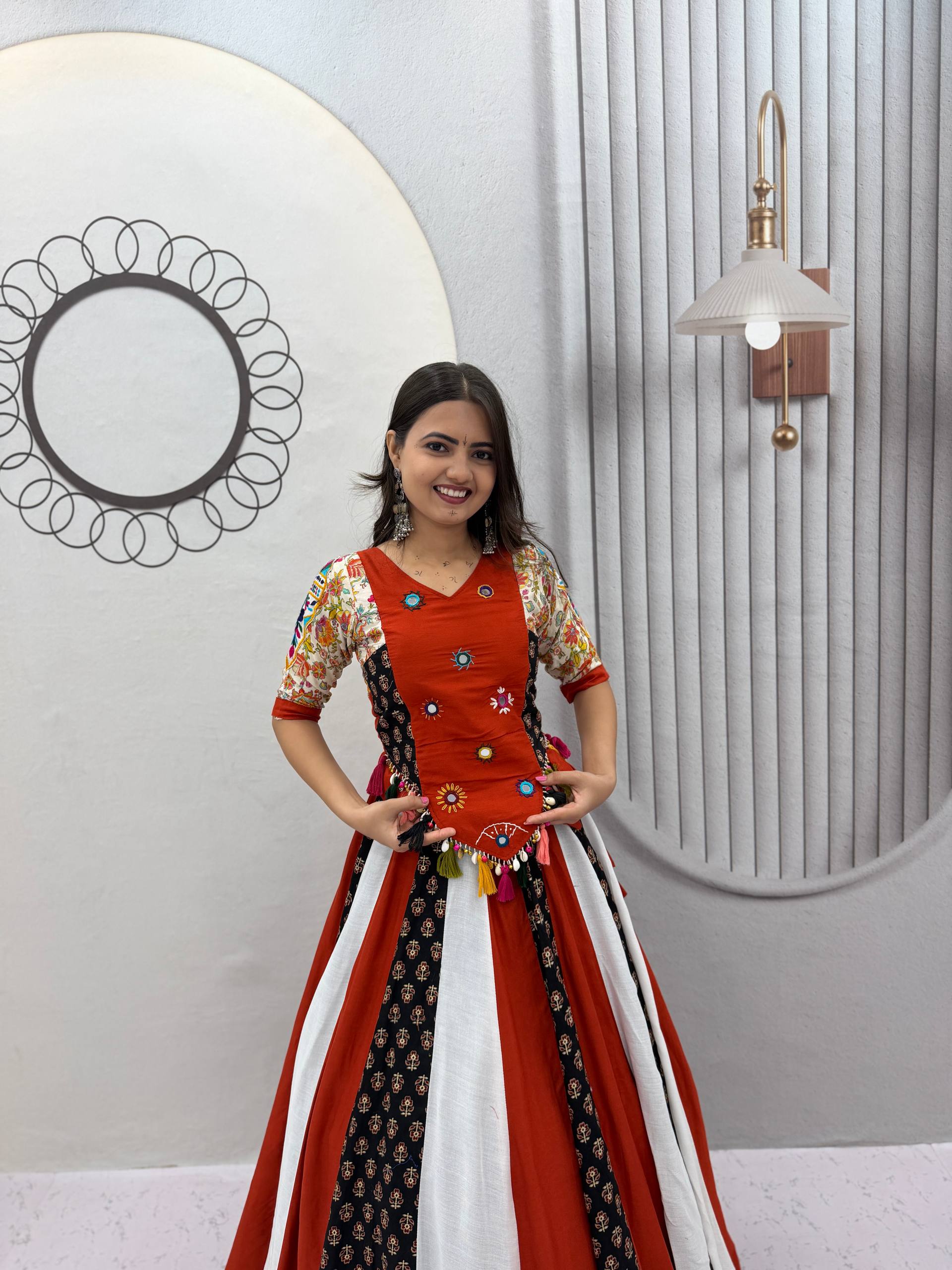 Multi-Color Panel Pure Cotton Navratri Special Kediyu Style Top & Kali Lehenga Set with Tassel & Mirror Work | Ready to Wear
