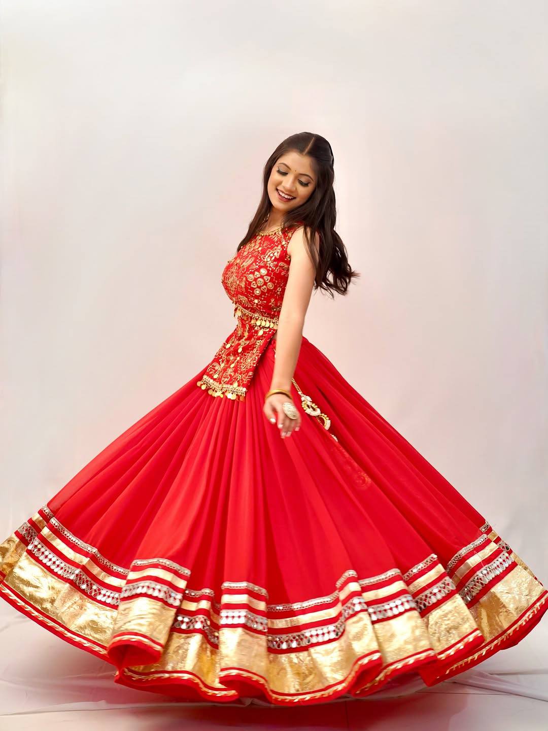 Bright Red Heavy Real Mirror Lace & Lampi Work Flared Lehenga With Embroidered Long Kurti Blouse