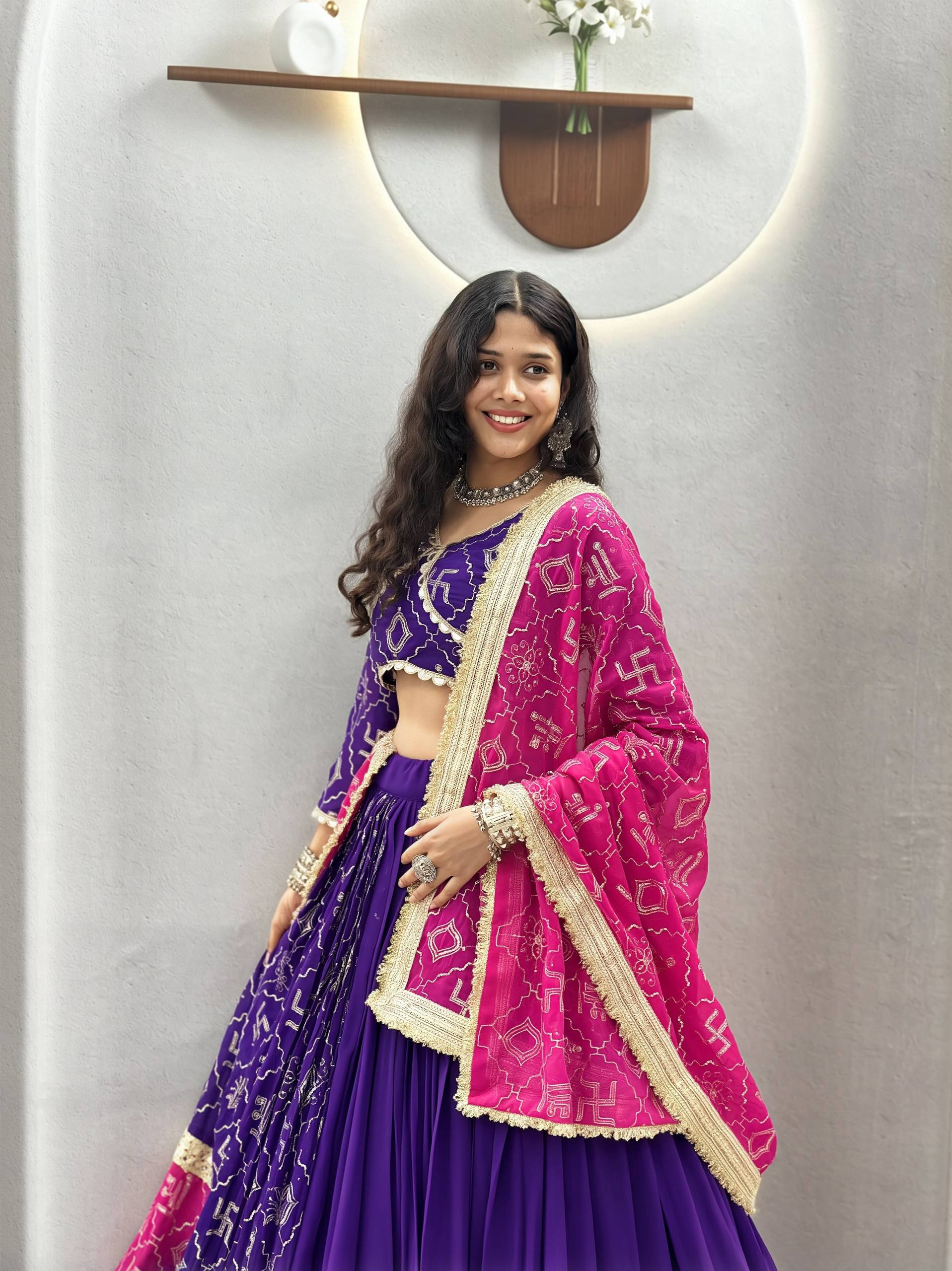 Royal Blue & Magenta Fox Georgette Heavy Embroidery Work & Mirror Lace Navratri Lehenga Choli Set with Dupatta | Ready to Wear