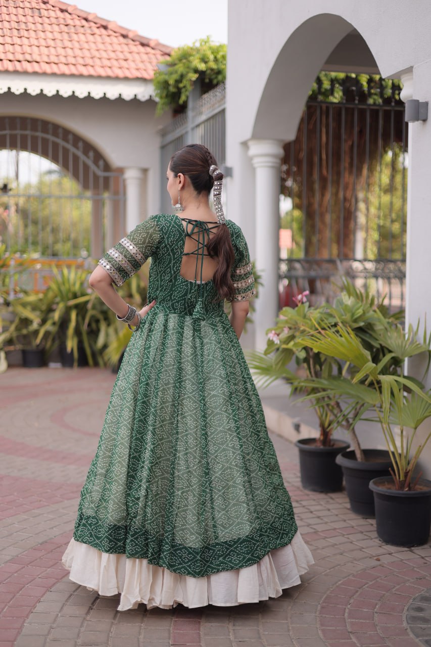Navratri Off-White Kora Cotton Tiered Lehenga Choli Set with Green Bandhani Shrug