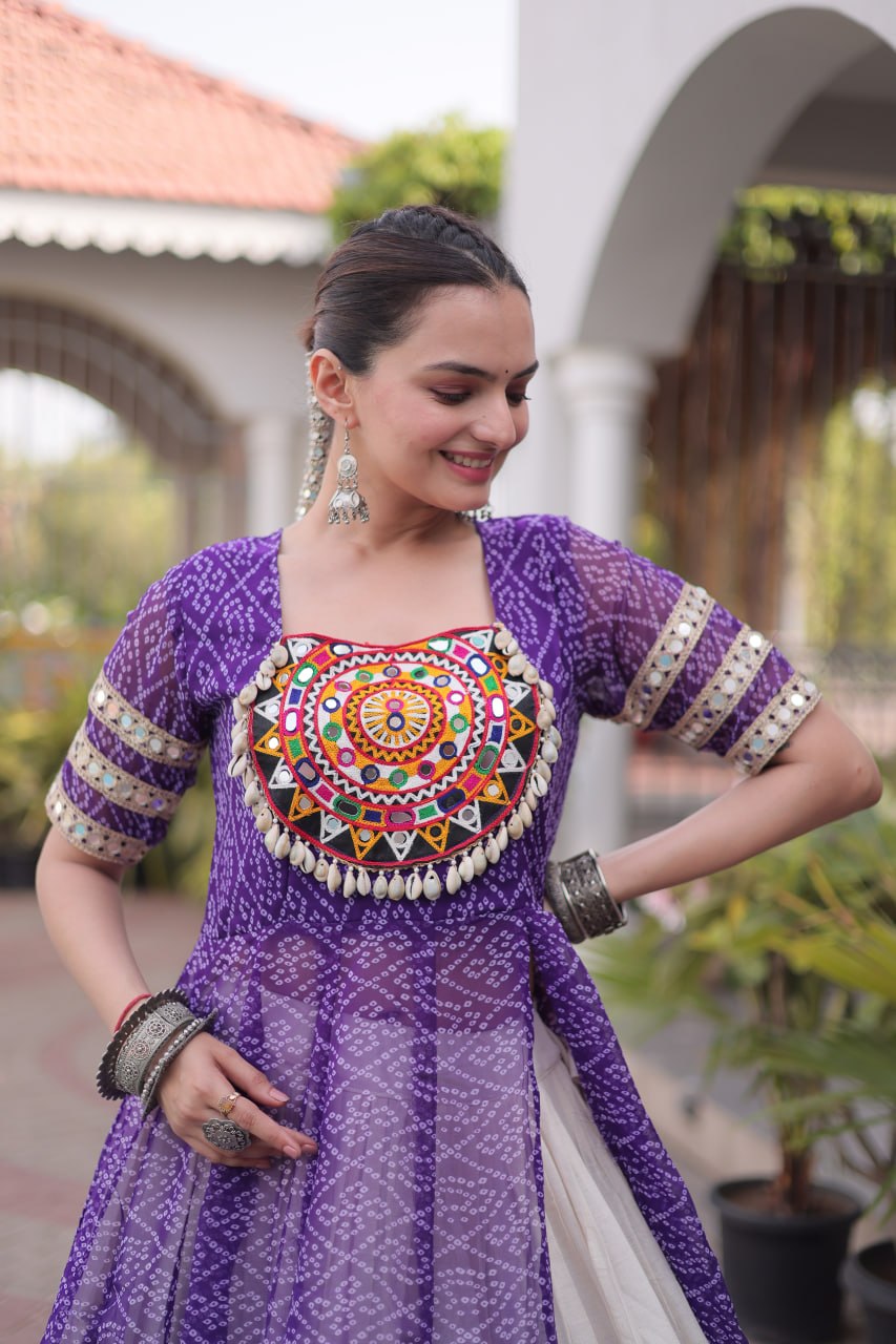 Off-White Kora Cotton Tiered Navratri Lehenga Choli Set with Purple Bandhani Shrug