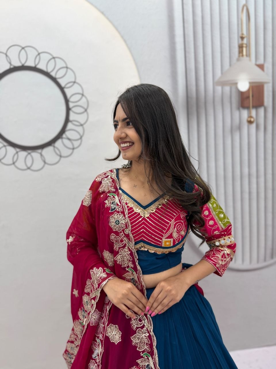 Peacock Blue & Magenta Pure Cotton Embroidery Thread & Sequence Work Navratri Lehenga Choli Set with Dupatta | Ready to Wear