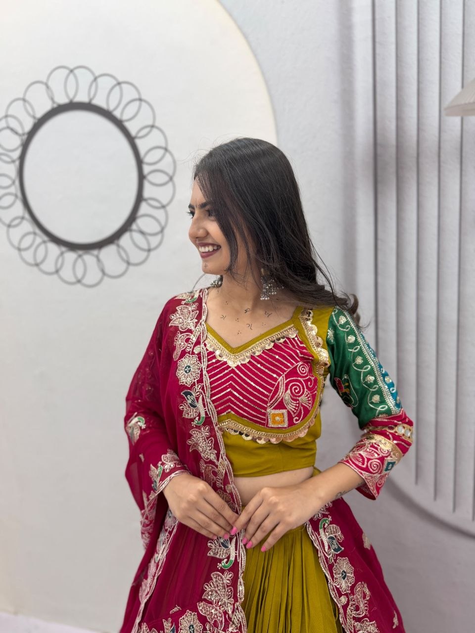 Olive Green & Maroon Pure Cotton Embroidery Thread & Sequence Work Navratri Lehenga Choli Set with Dupatta | Ready to Wear