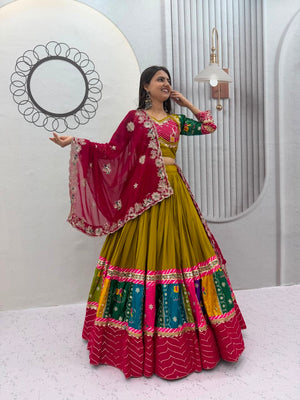Olive Green and Maroon Pure Cotton Thread Embroidery and Sequence Work Navratri Lehenga Choli Set by The Beauty Queen