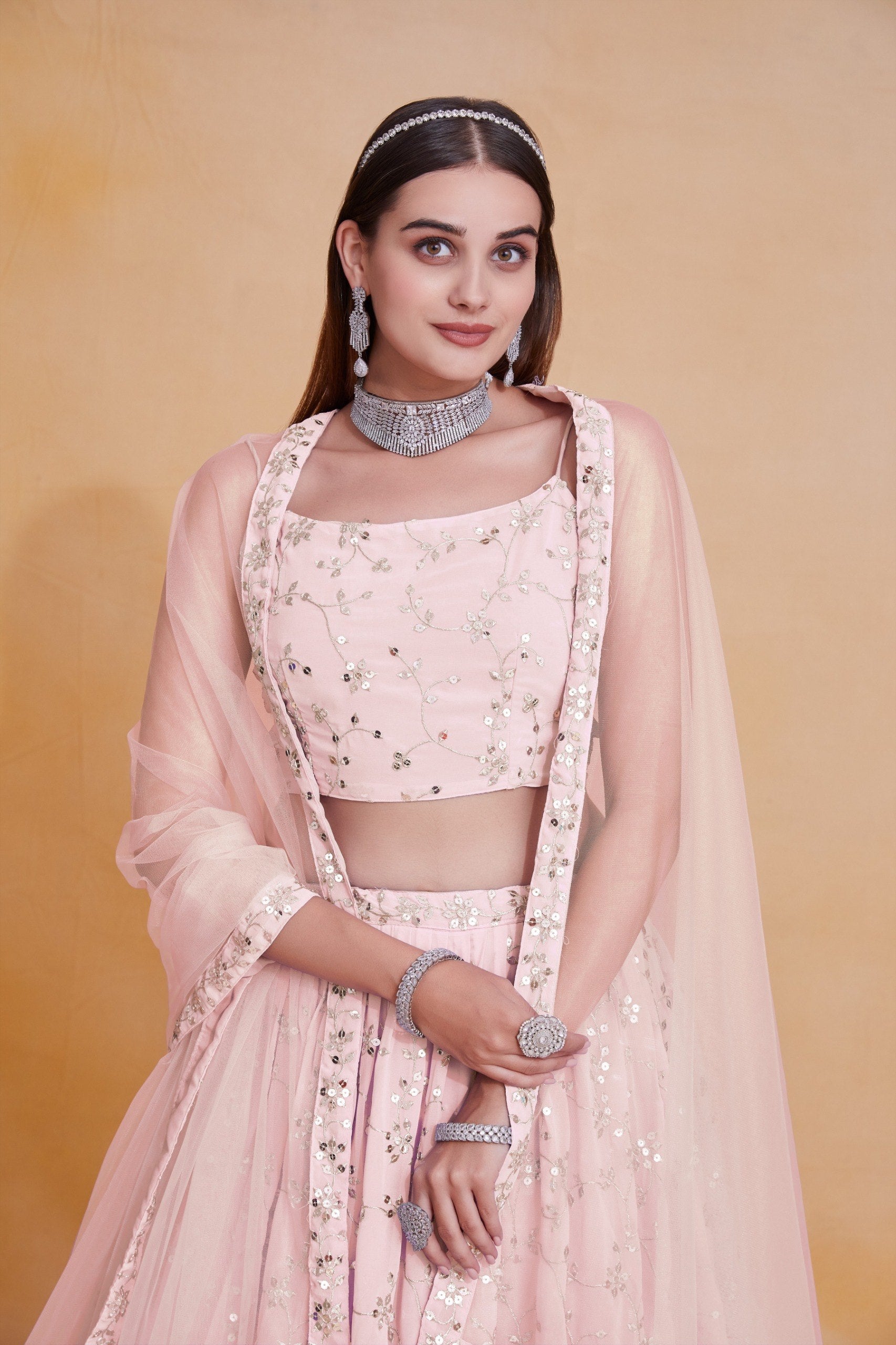 Baby Blush Pink Georgette Flared Lehenga Choli Set with Delicate Zari, Sequins & Floral Vine Embroidery, Sleeveless Strappy Blouse & Sheer Dupatta