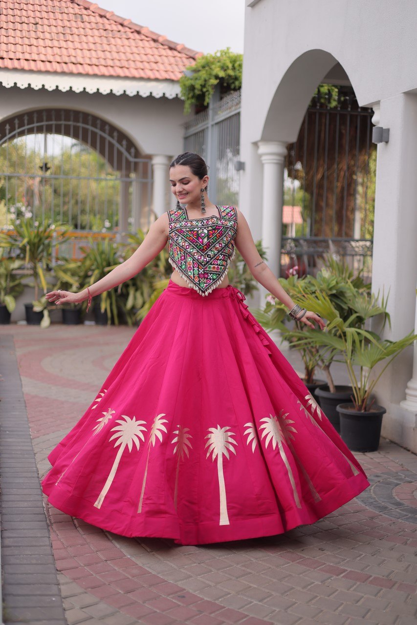 Navratri Rani Pink Roman Silk Flared Lehenga Choli Set with Metallic Coconut Tree Gota Applique Work & Colorful Kutchi Mirror Work Crop Blouse