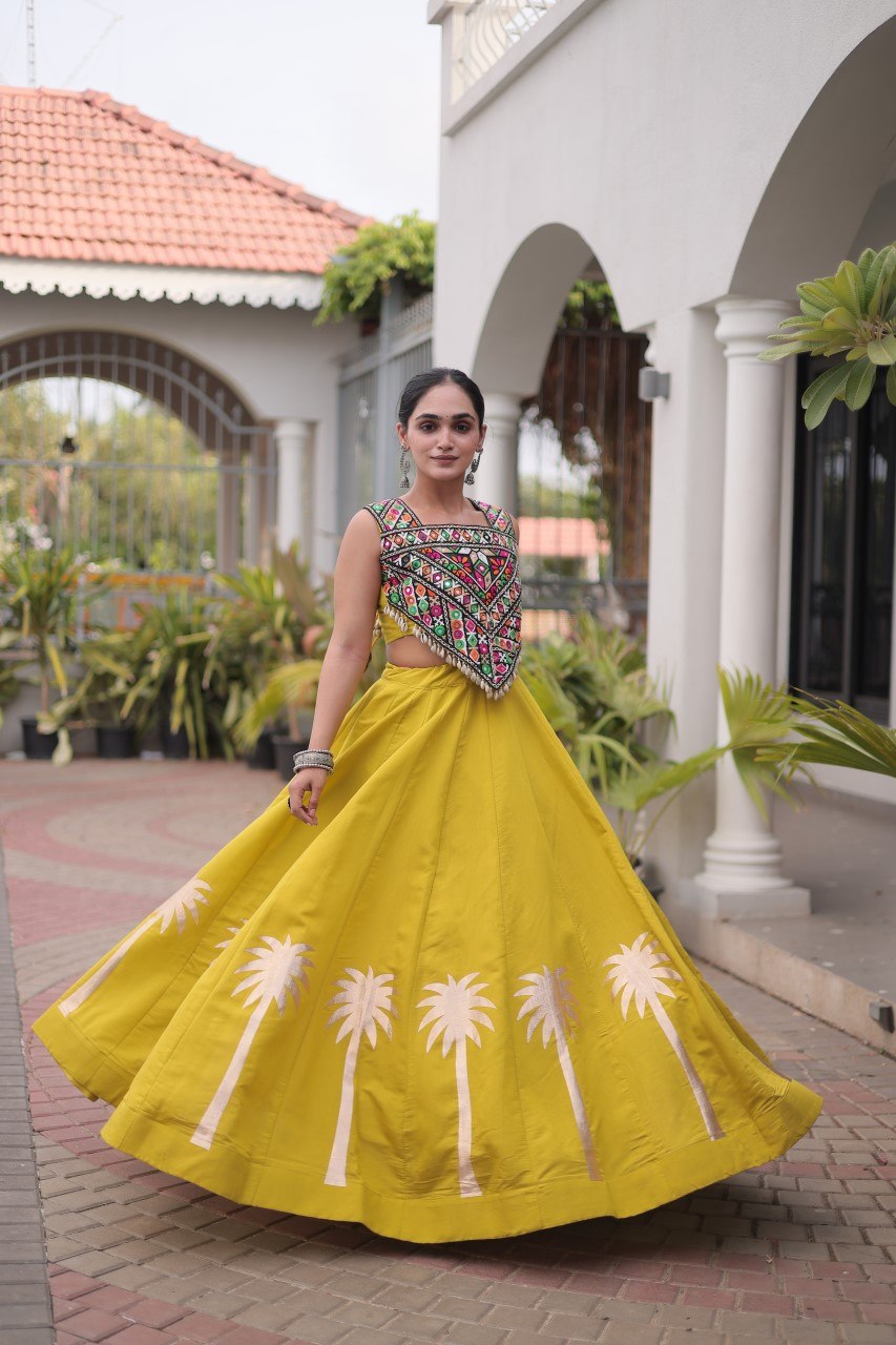Navratri Mustard Lime Yellow Roman Silk Flared Lehenga Choli Set with Metallic Coconut Tree Gota Applique Work & Colorful Kutchi Mirror Work Crop Blouse