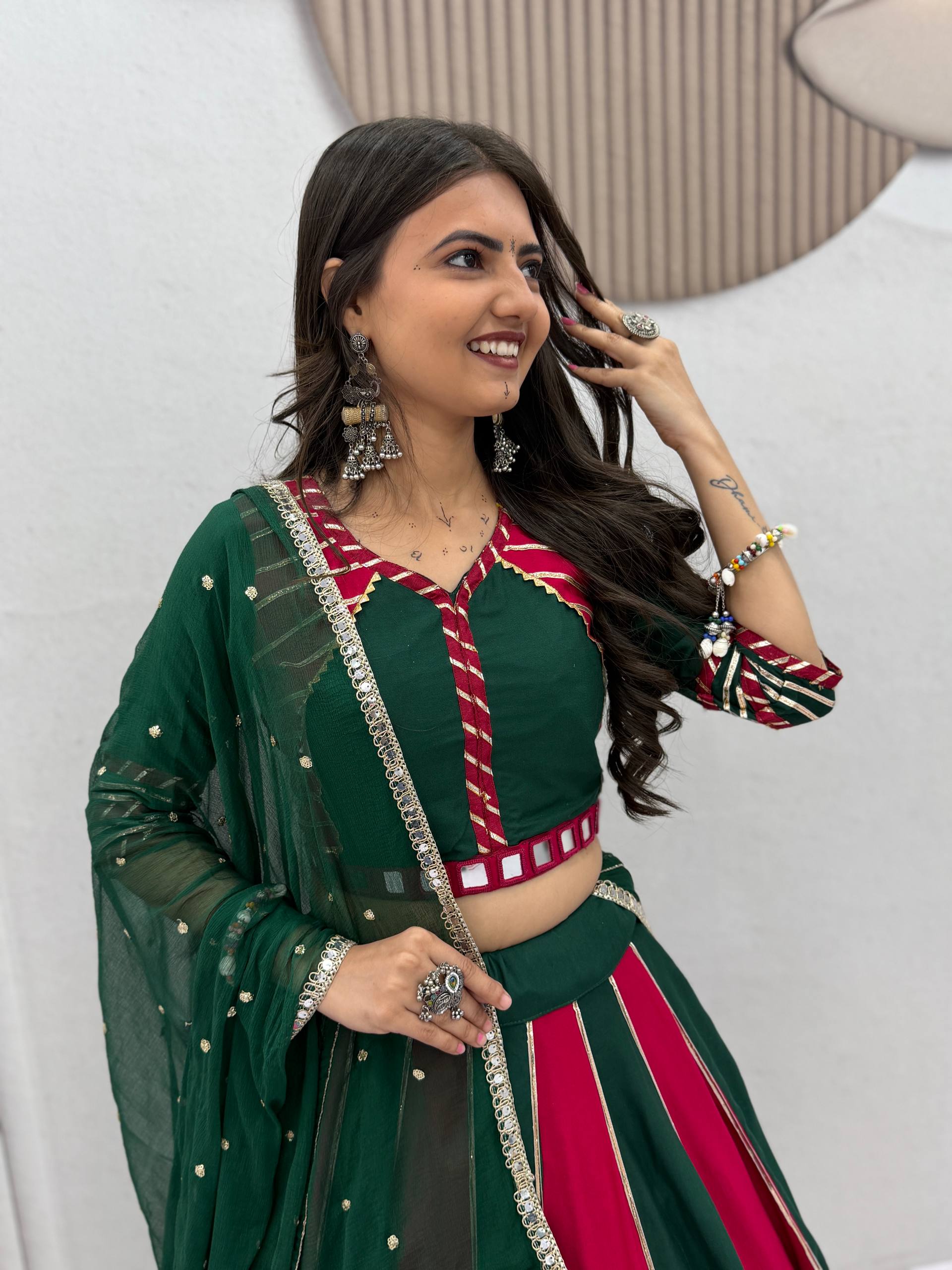 Bottle Green & Pink Pure Cotton Real Hand Work Navratri Lehenga Choli Set with Dupatta | Ready to Wear