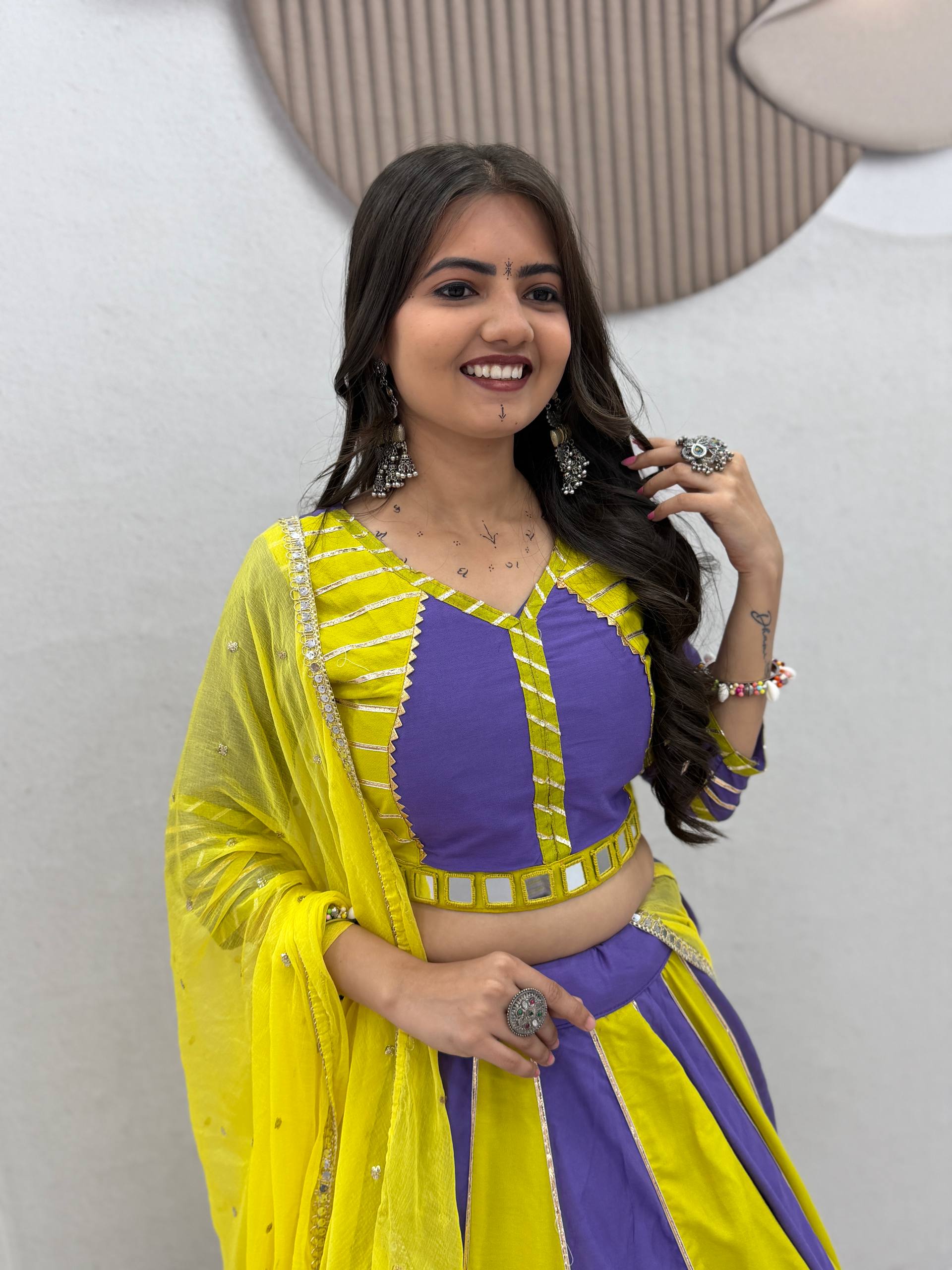 Purple & Lemon Yellow Pure Cotton Real Hand Work Navratri Lehenga Choli Set with Dupatta | Ready to Wear