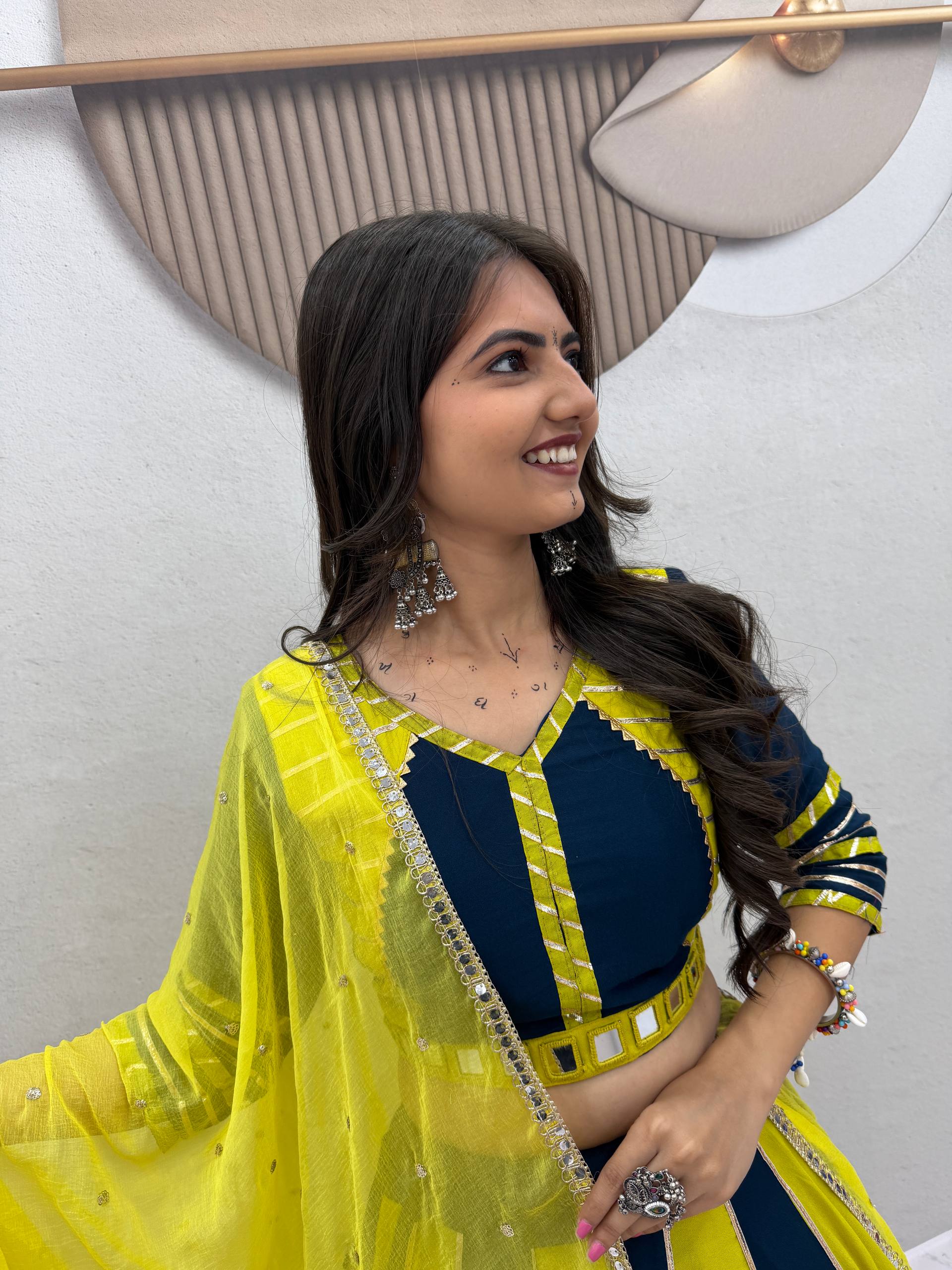 Navy Blue & Lemon Yellow Pure Cotton Real Hand Work Navratri Lehenga Choli Set with Dupatta | Ready to Wea
