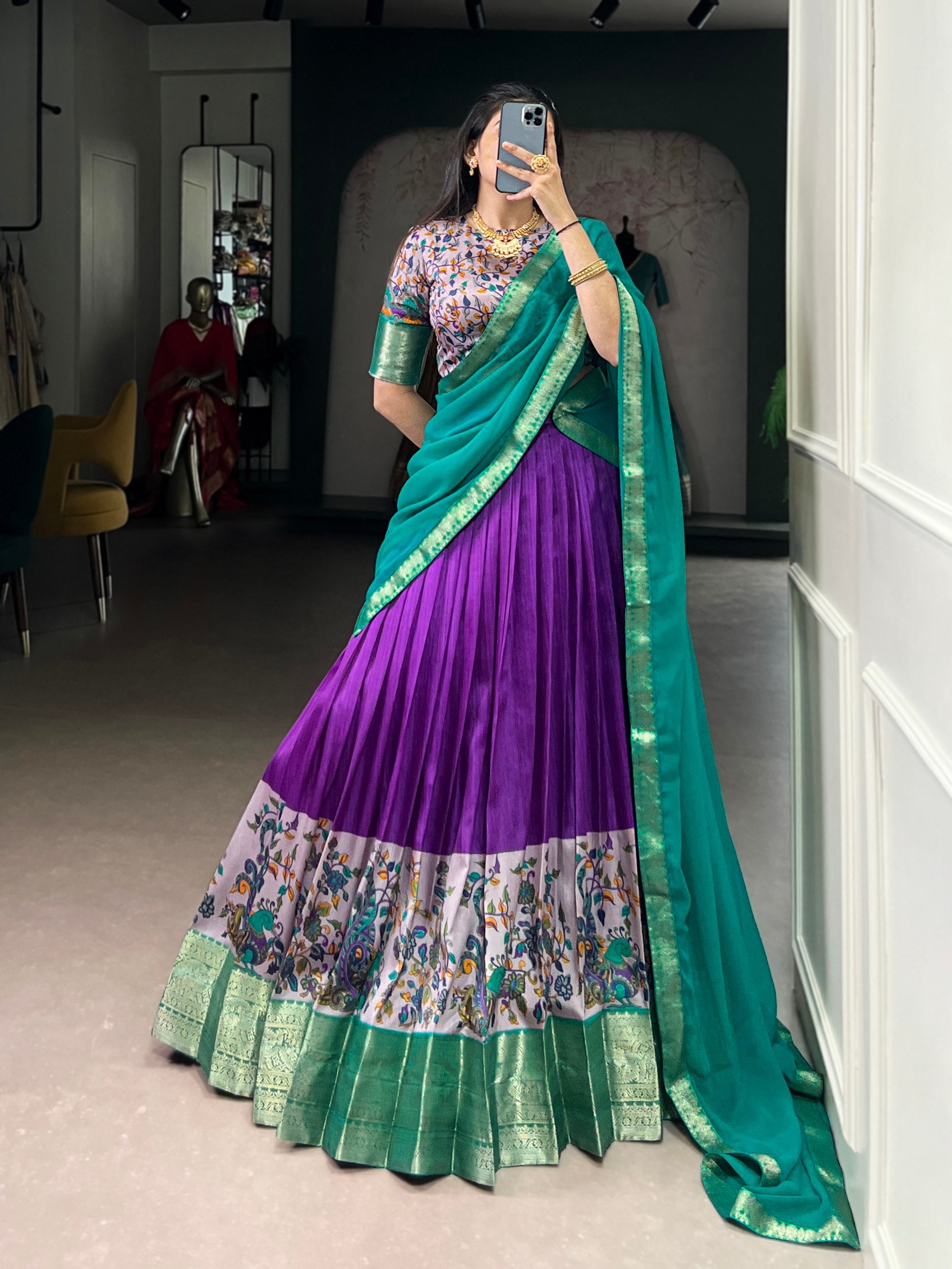 Regal Purple & Lilac Aastha Silk Flared Half Saree Lehenga Set with Paithani-Style Kalamkari Floral Prints, Rich Emerald Green Zari Weaving Border & Draped Dupatta