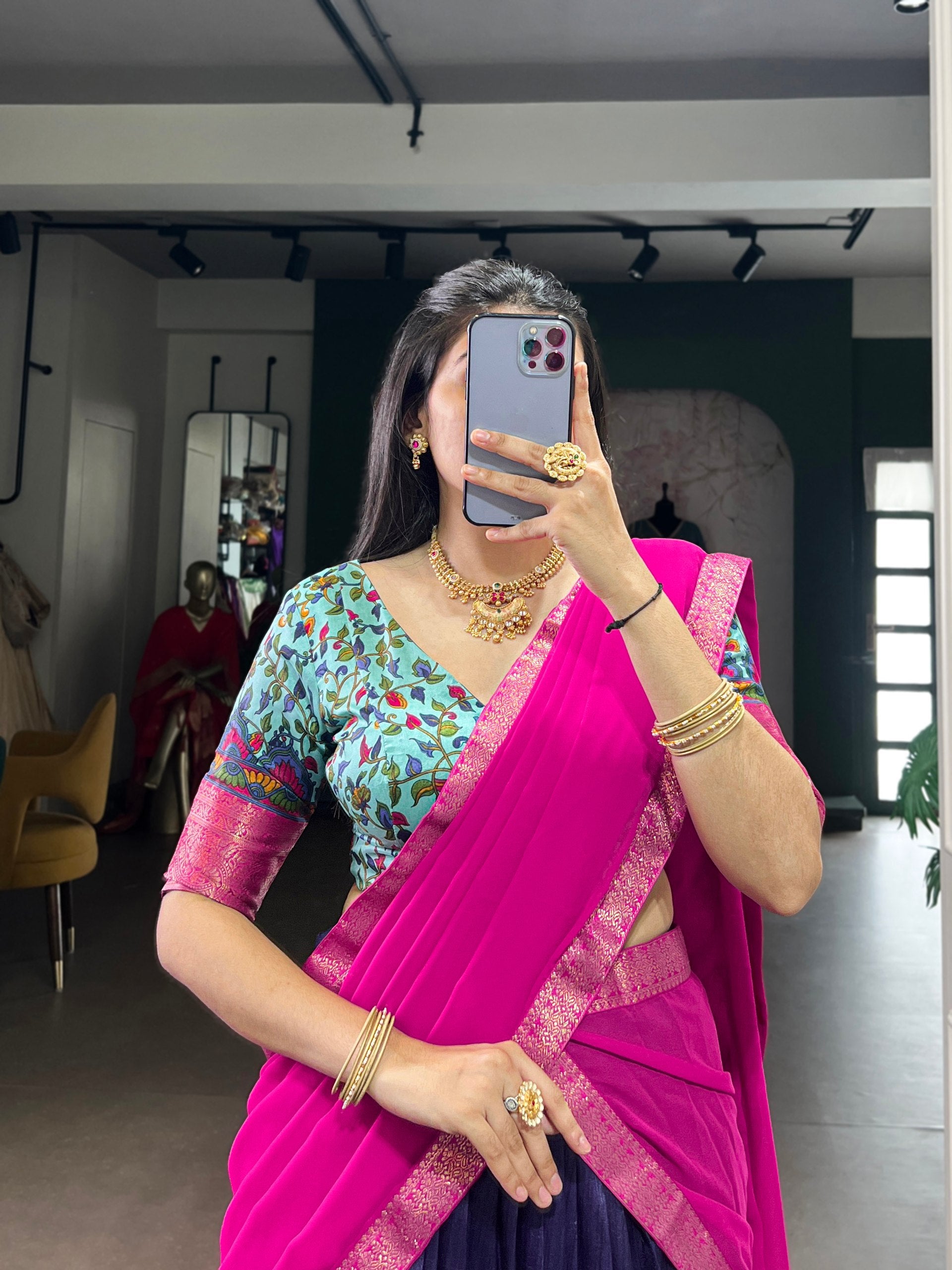 Navy Blue & Sky Blue Aastha Silk Flared Half Saree Lehenga Set with Paithani-Style Kalamkari Floral Prints, Rich Rani Pink Zari Weaving Border & Draped Dupatta