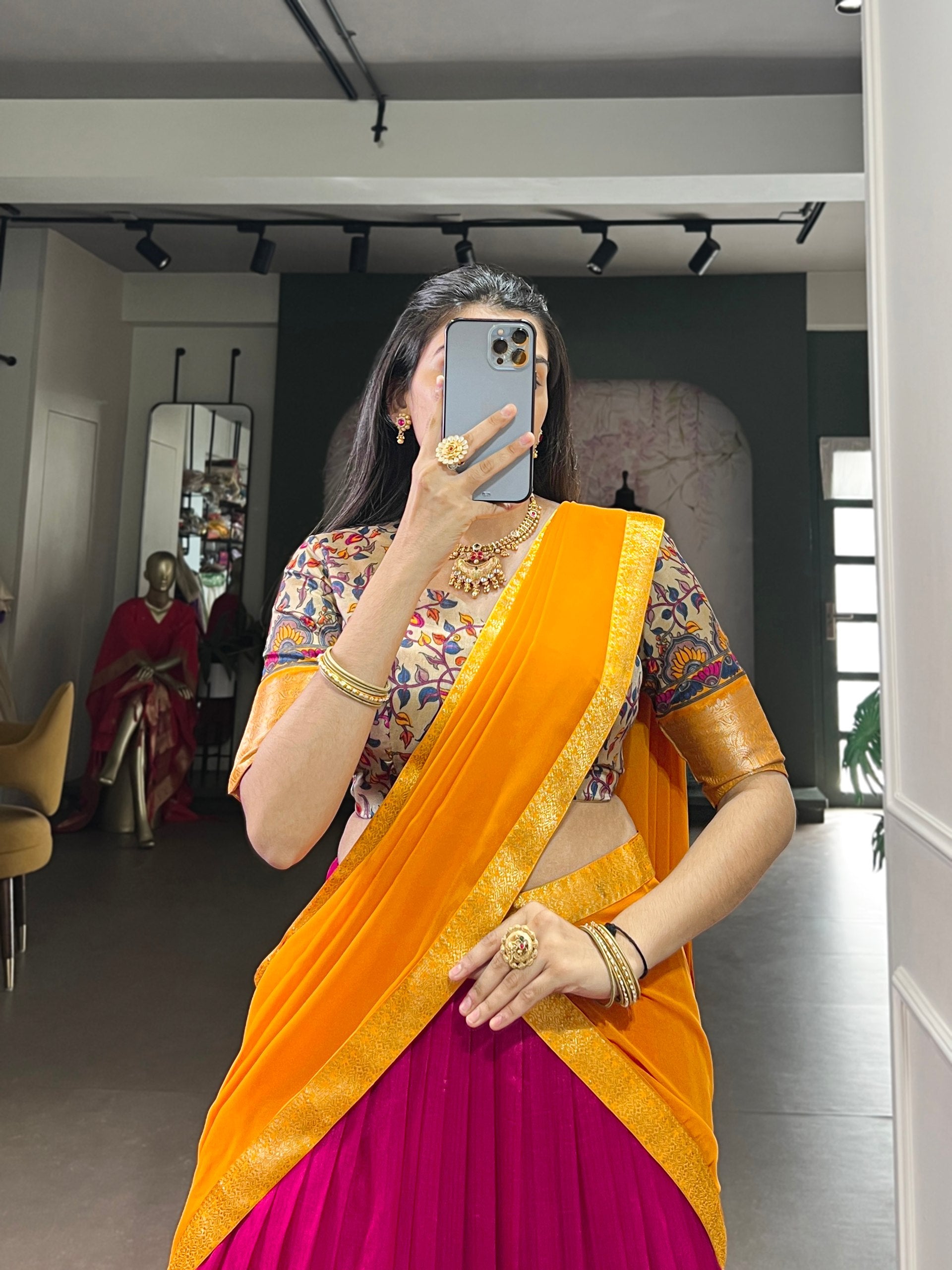 Rani Pink & Beige Aastha Silk Flared Half Saree Lehenga Set with Paithani-Style Kalamkari Floral Prints, Rich Mustard Gold Zari Weaving Border & Draped Dupatta