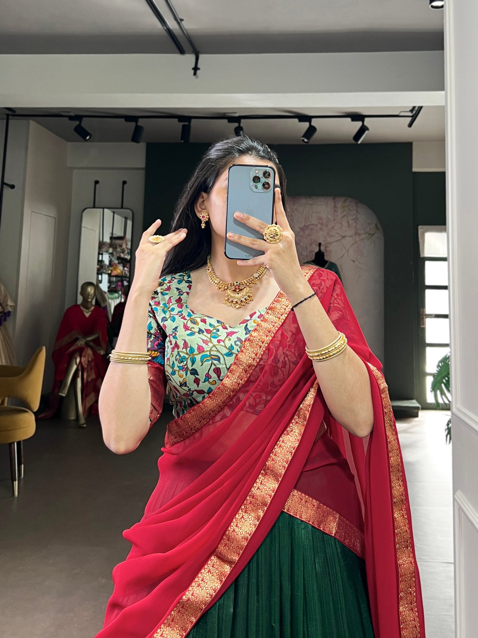 Bottle Green & Mint Aastha Silk Flared Half Saree Lehenga Set with Kalamkari Floral Prints, Rich Maroon Red Zari Weaving Border & Cut-Out Back Blouse