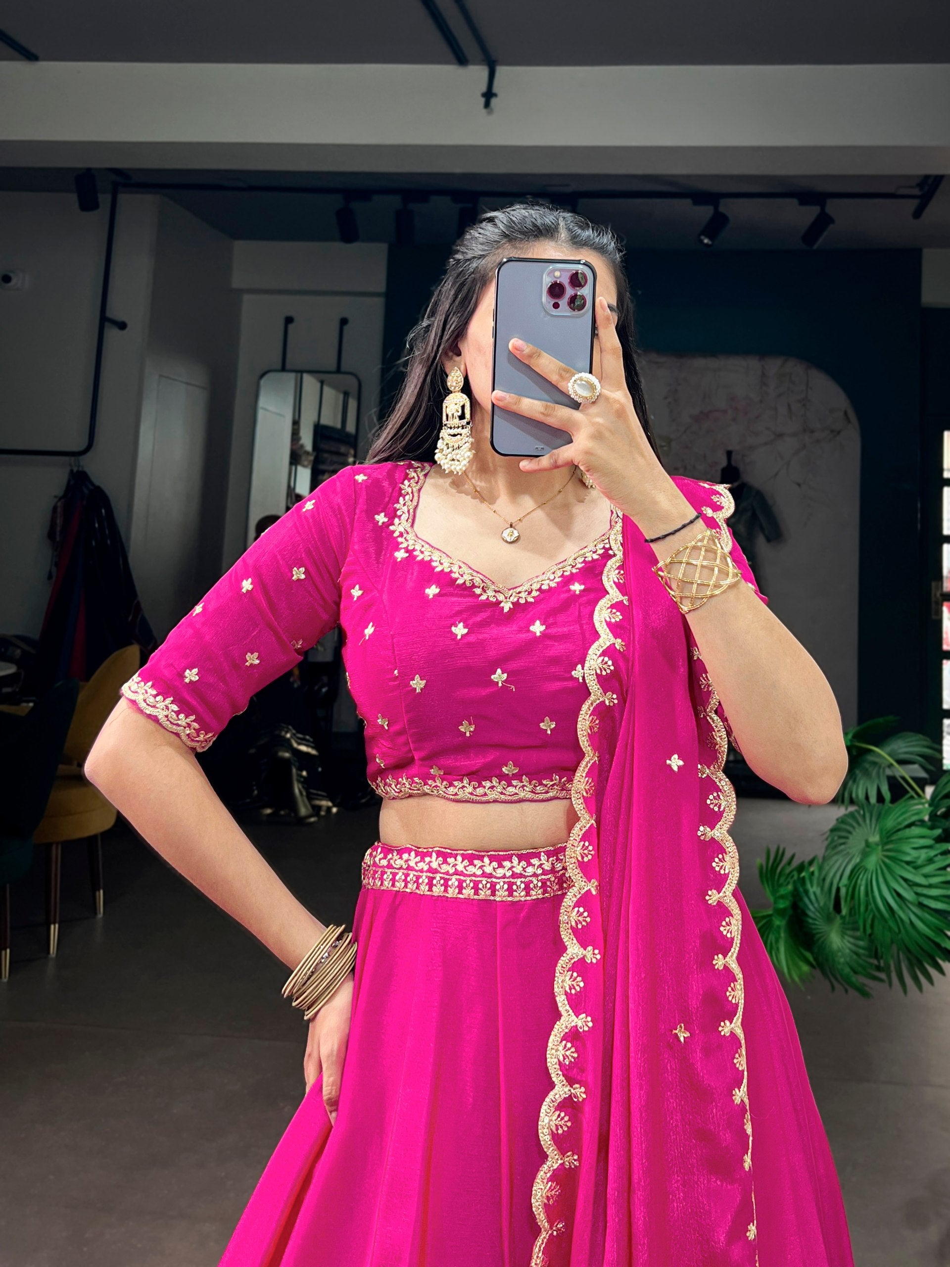Rani Pink Chinon Silk Flared Royal Lehenga Choli Set with Sequins & Thread Embroidery Belt, Butti Blouse & Scalloped Dupatta