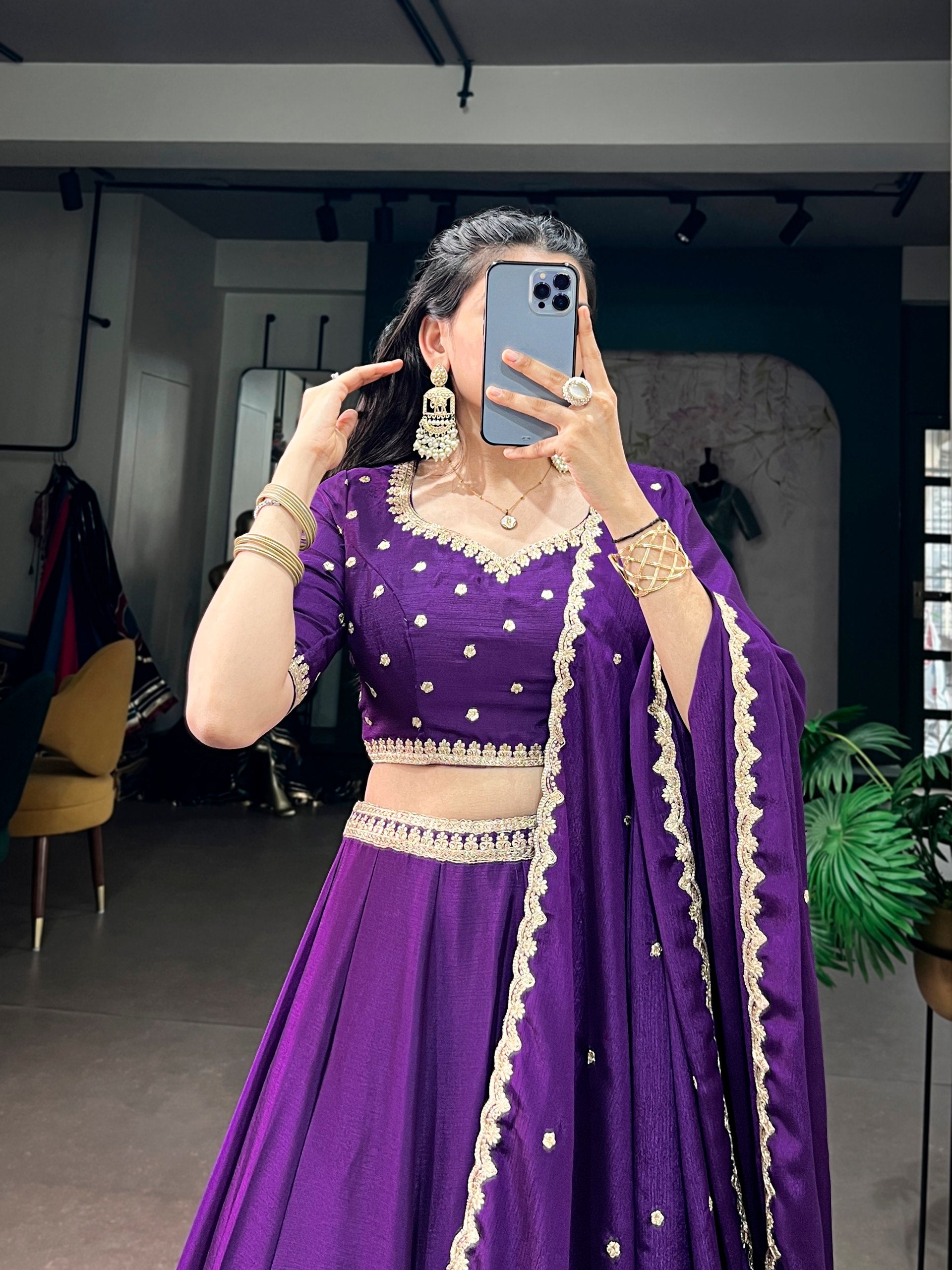 Regal Royal Purple Chinon Silk Flared Lehenga Choli Set with Sequins & Thread Embroidery Belt, Butti Blouse & Scalloped Dupatta