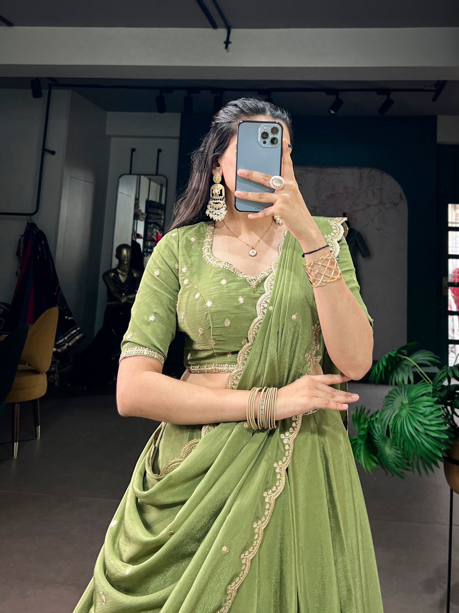 Sage Olive Green Chinon Silk Flared Royal Lehenga Choli Set with Sequins & Thread Embroidery Belt, Butti Blouse & Scalloped Dupatta