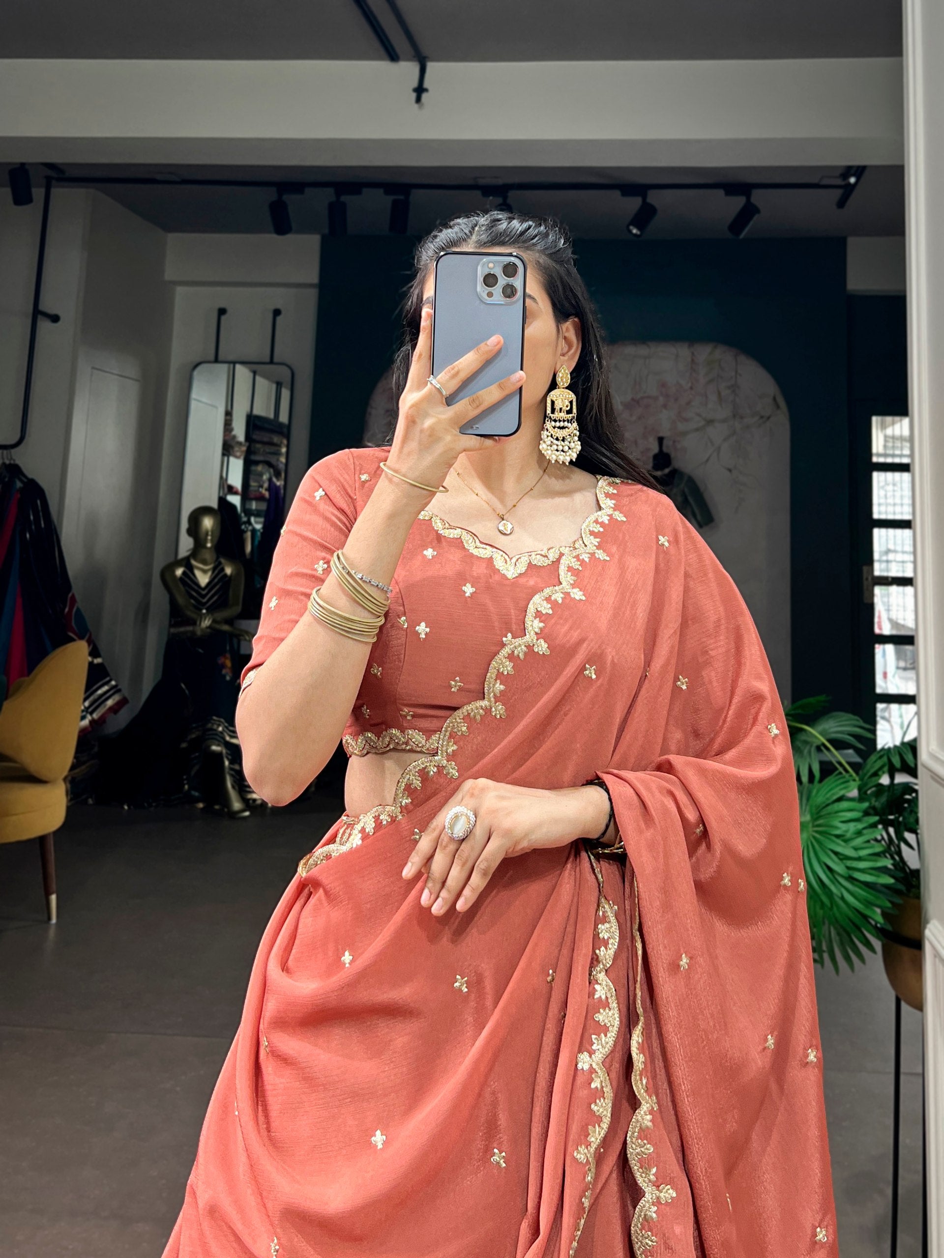 Dusty Coral Peach Chinon Silk Flared Royal Lehenga Choli Set with Sequins & Thread Embroidery Belt, Cut-Out Back Blouse & Scalloped Dupatta