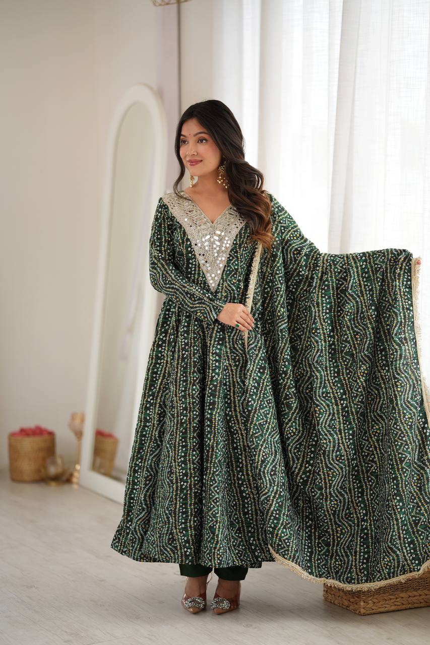 Emerald Forest Green Rayon Bandhani Print Anarkali Gown Suit Set with Heavy Real Mirror Embroidery V-Neck Yoke, Matching Pants & Golden Lace Rayon Dupatta