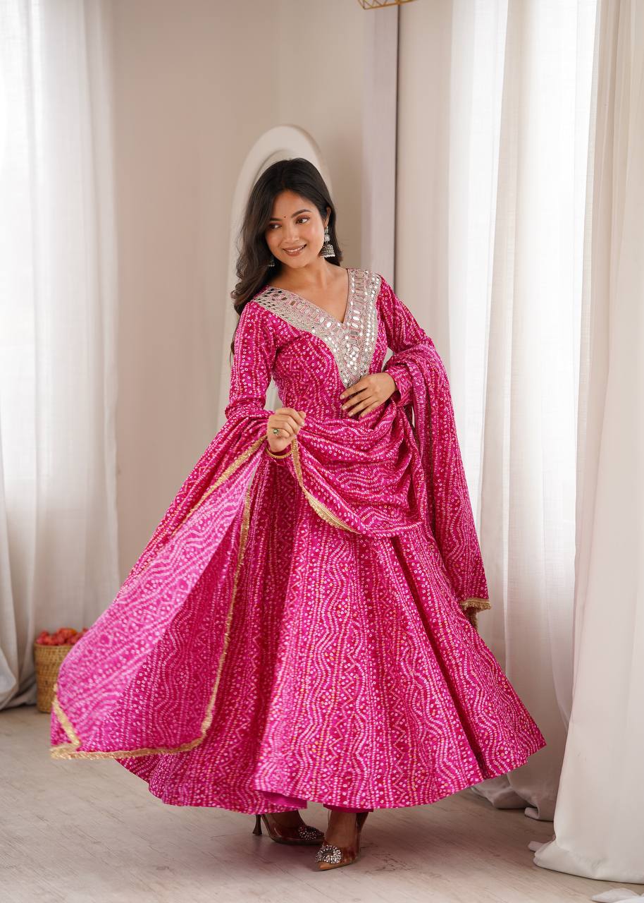 Rani Pink Rayon Bandhani Mirror Embroidery Gown