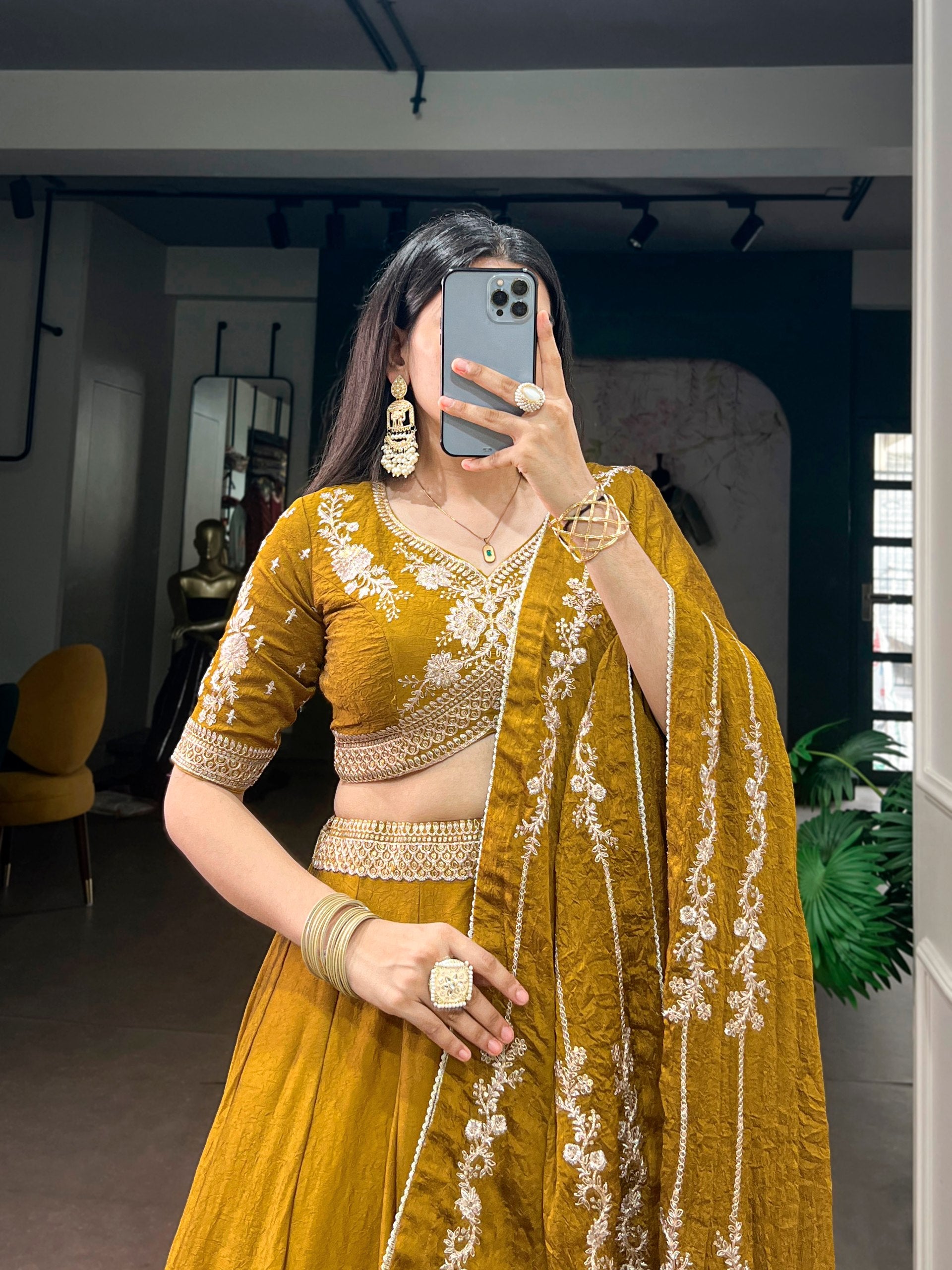 Mustard Yellow Rangoli Crush Flared Lehenga Choli Set with Embroidered Sequins Belt Detailing, Heavy Work Blouse & Floral Embroidered Dupatta