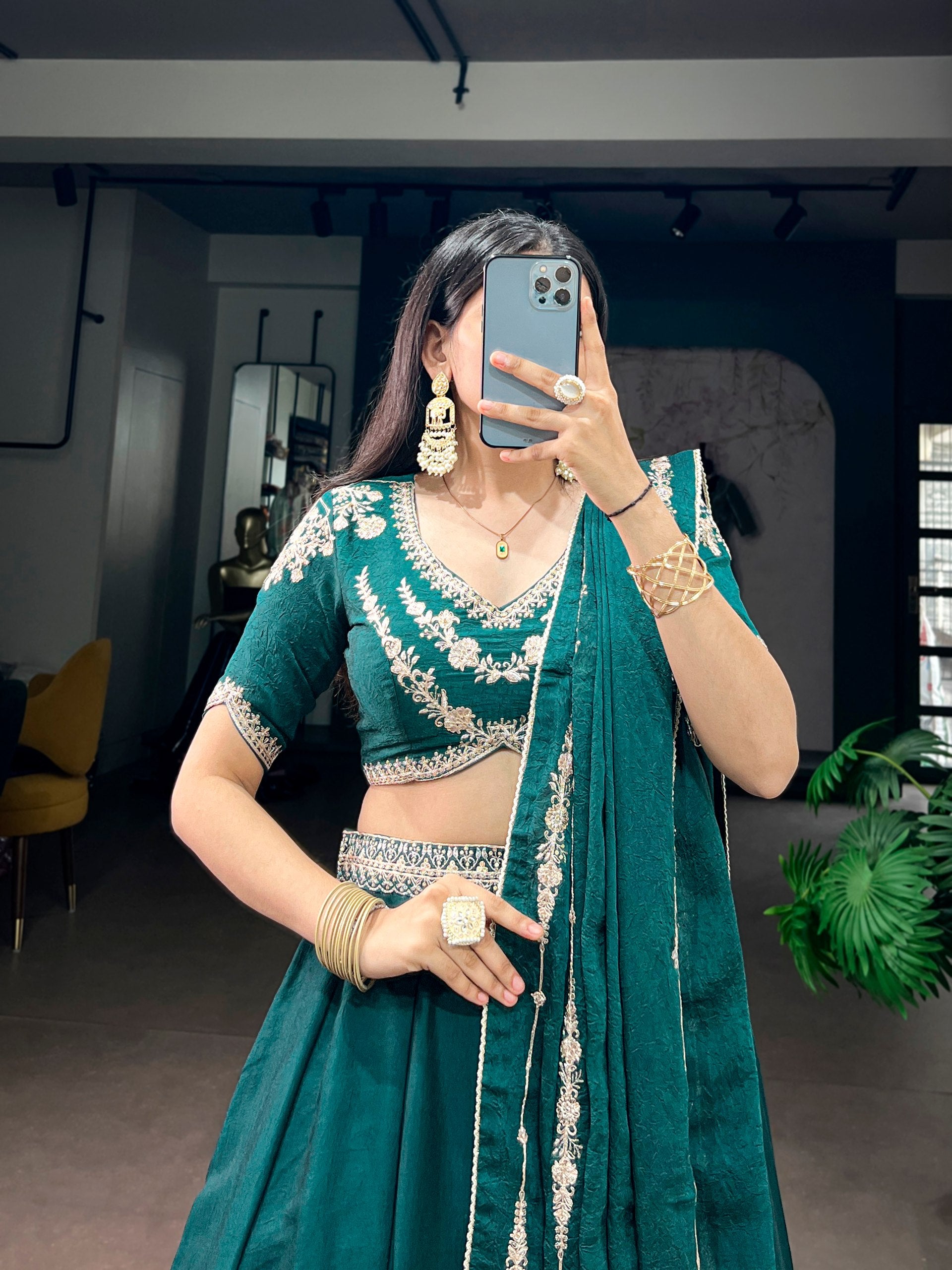 Peacock Teal Green Rangoli Crush Flared Lehenga Choli Set with Embroidered Sequins Belt Detailing, Heavy Work Blouse & Floral Embroidered Dupatta