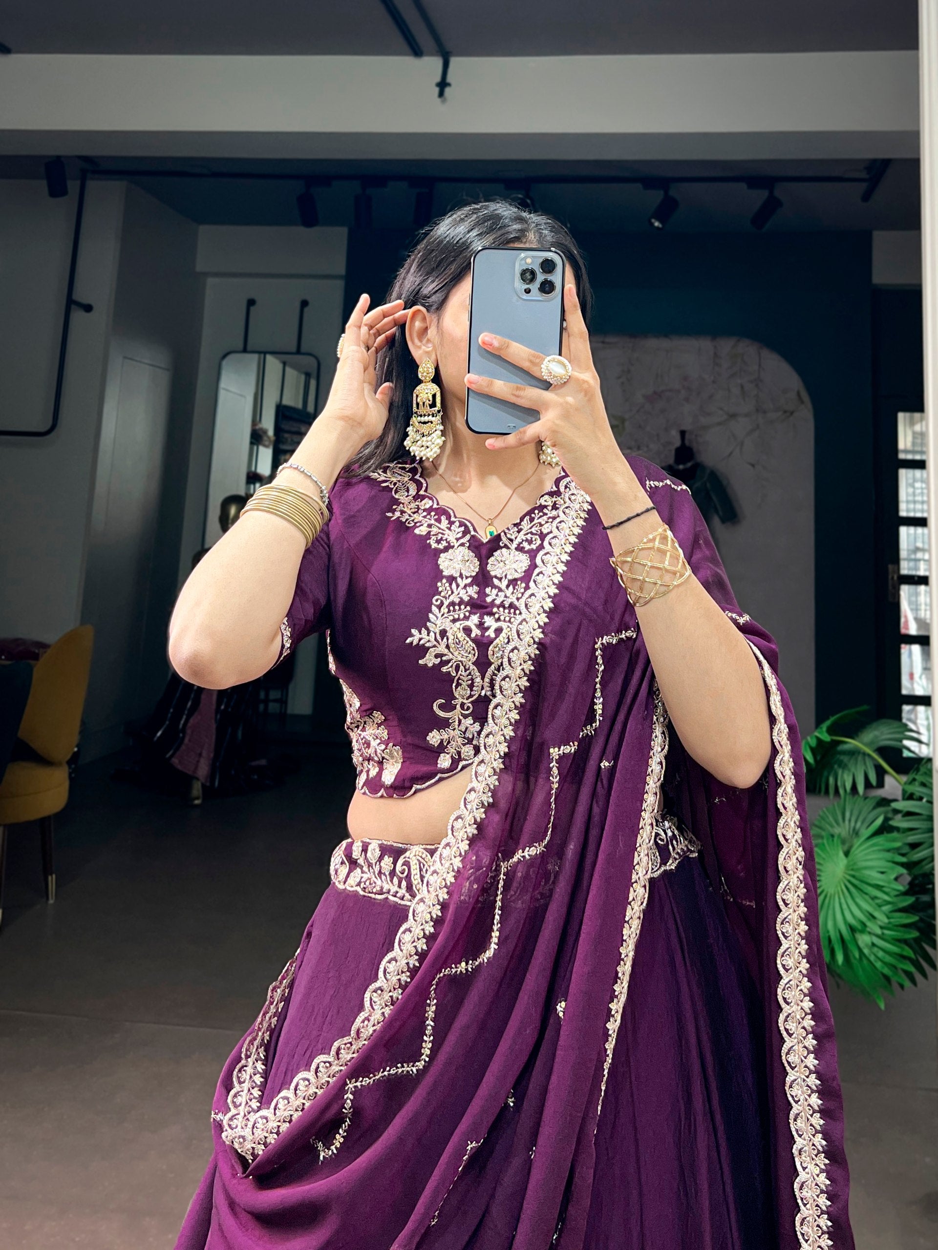 Eggplant Purple Poly Cotton Flared Half Saree Lehenga Set with Zari Woven Border, Embroidered Sequins Belt, Designer Blouse & Zig-Zag Scalloped Dupatta