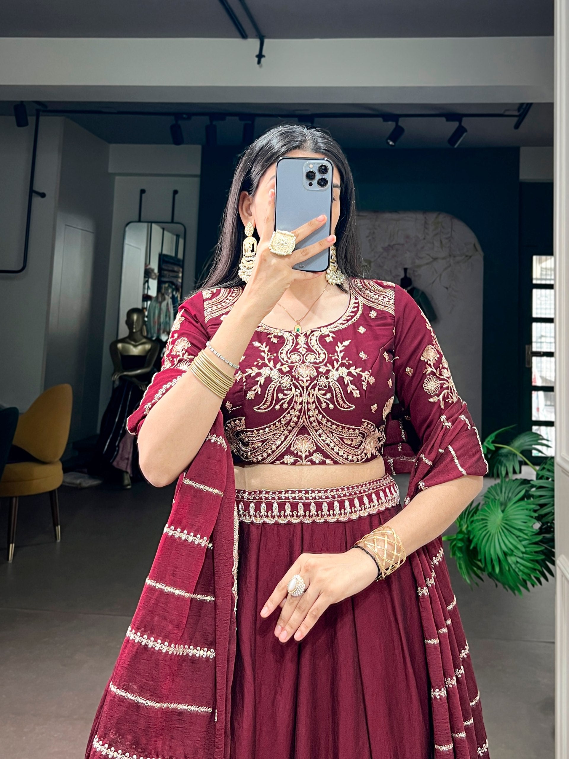 Maroon Wine Poly Cotton Flared Half Saree Lehenga Set with Zari Woven Border, Embroidered Sequins Belt, Cut-Out Back Blouse & Striped Scalloped Dupatta