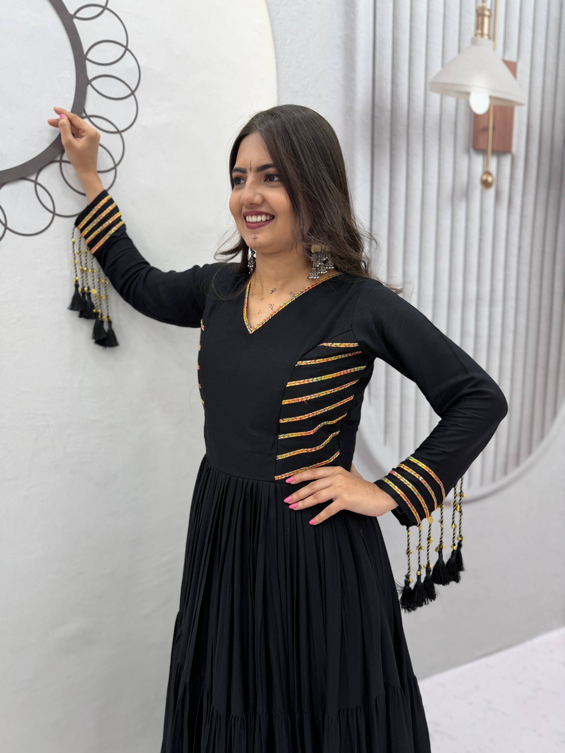 et Black Pure Cotton Navratri Special Tiered Anarkali Gown with Gota Work & Tassel Sleeves | Ready to Wear