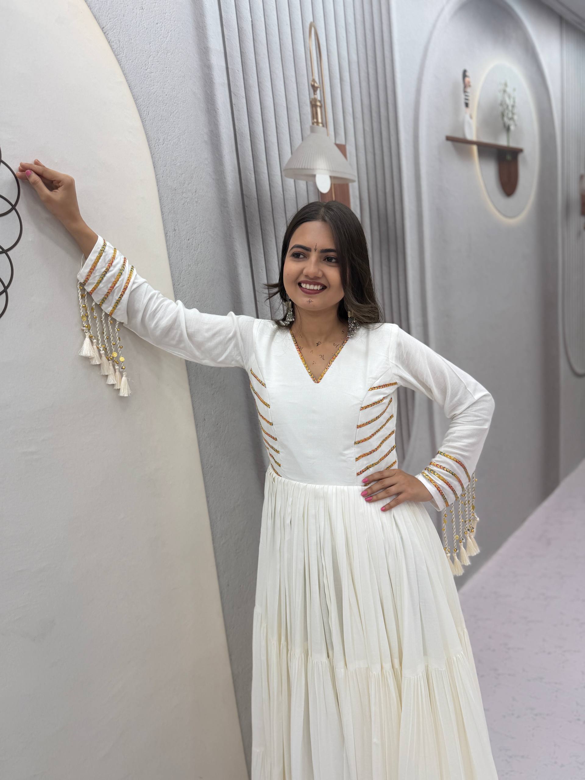 Off-White Pure Cotton Navratri Special Tiered Anarkali Gown with Gota Work & Tassel Sleeves | Ready to Wear