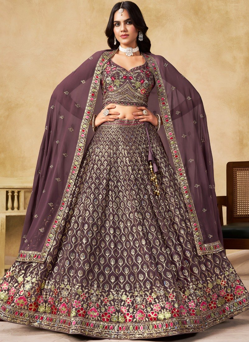 Mauve Purple Georgette Flared Lehenga Choli Set with Rich Zari Jaal, Multi-Color Floral Thread & Sequins Embroidery, Sleeveless Sweetheart Blouse & Matching Dupatta