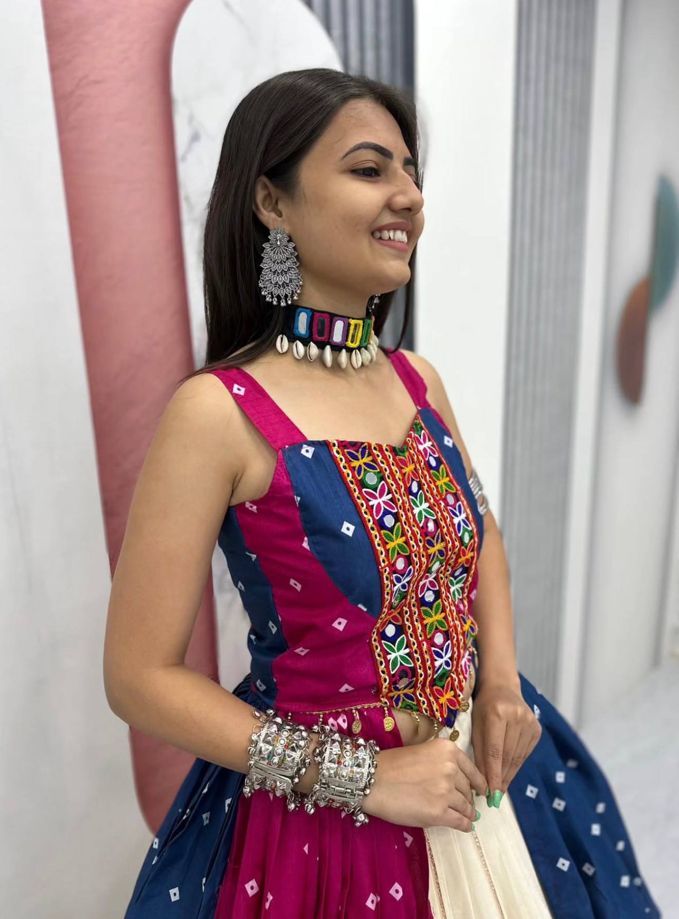 Off-White & Multi-Color Bandhej Print Gamthi & Real Mirror Work Navratri Lehenga Choli Set | Ready to Wear