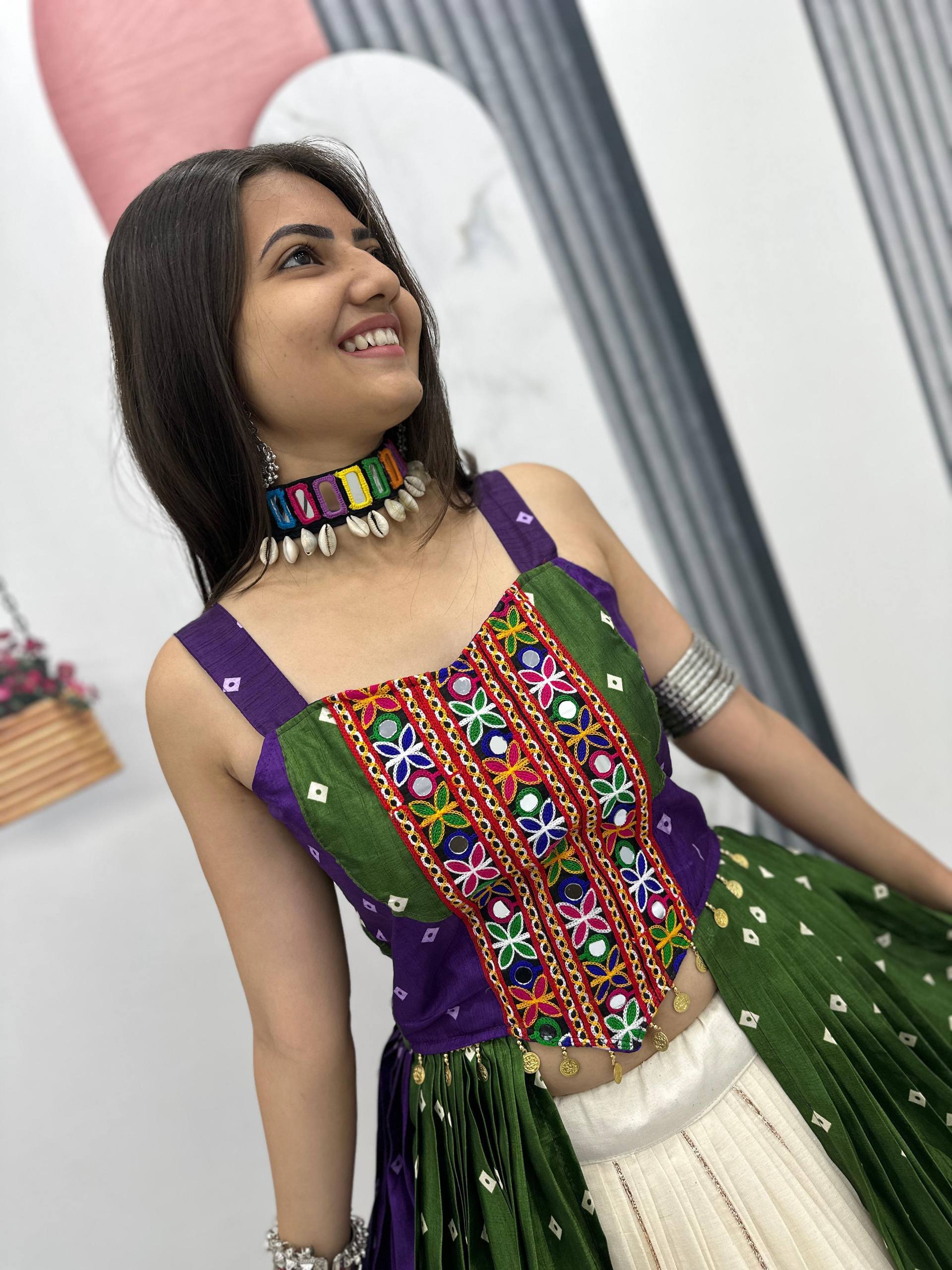 Off-White & Green-Purple Bandhej Print Gamthi & Real Mirror Work Navratri Lehenga Choli Set | Ready to Wear
