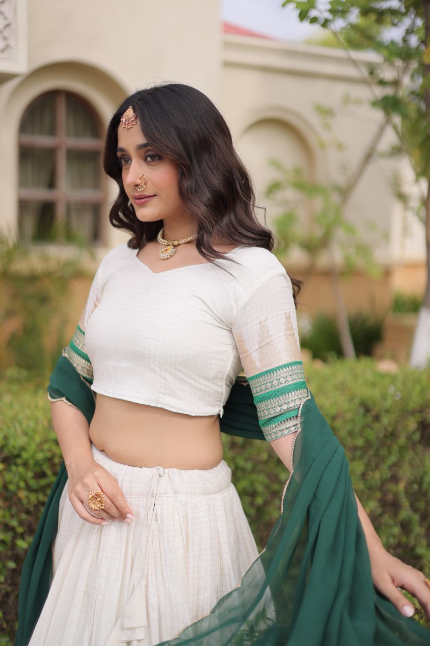 Off-White & Forest Green Viscose Jacquard Checks Half Saree Set with Zari Temple Weaving Work & Embroidered Dupatta