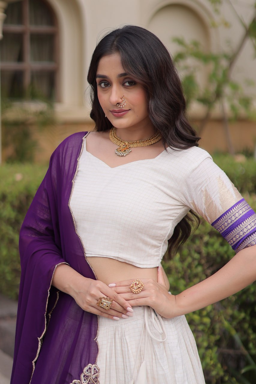 Off-White & Royal Purple Viscose Jacquard Checks Half Saree Set with Zari Temple Weaving Work & Embroidered Dupatta