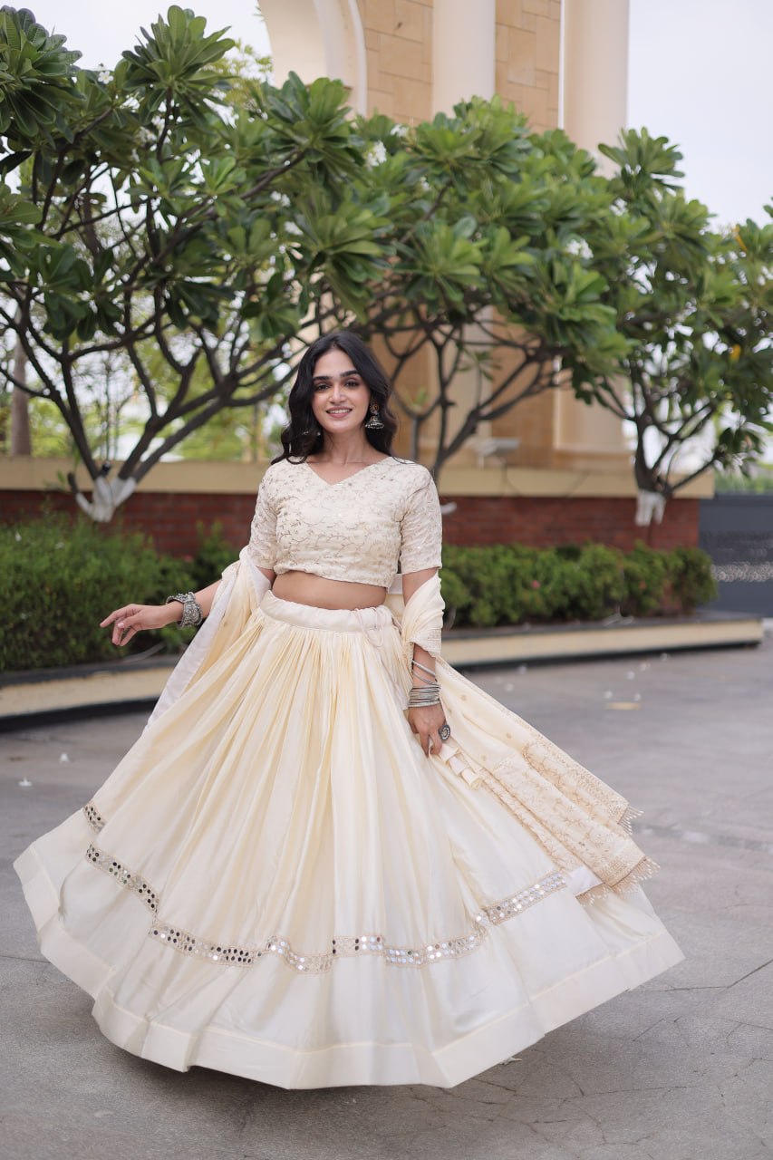Off-White Glory Satin Embroidered Zari Sequins Lehenga Choli Set