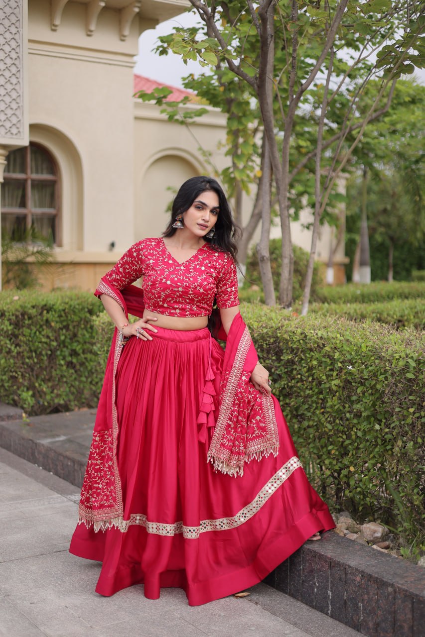 Pink Glory Satin Embroidered Zari Sequins Lehenga Choli Set