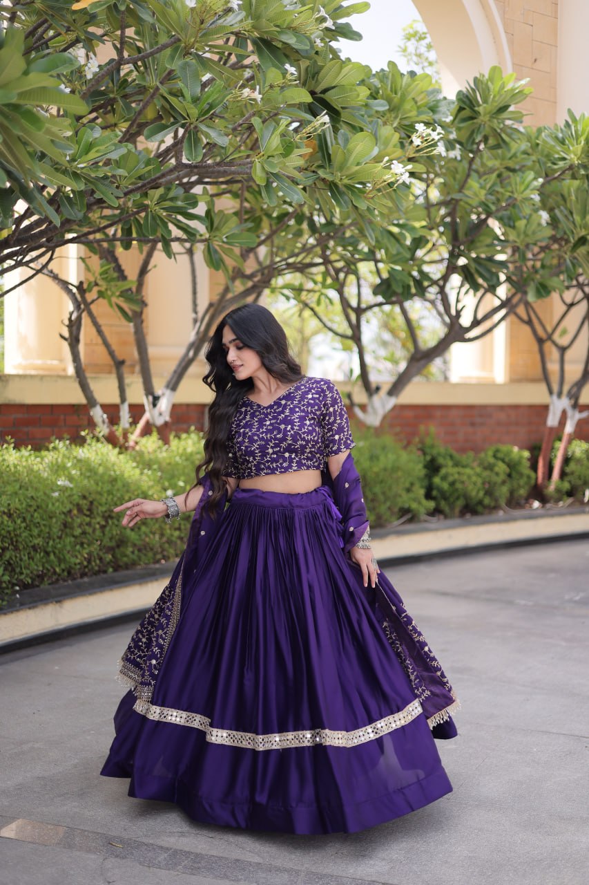 Purple Glory Satin Embroidered Zari Sequins Lehenga Choli Set